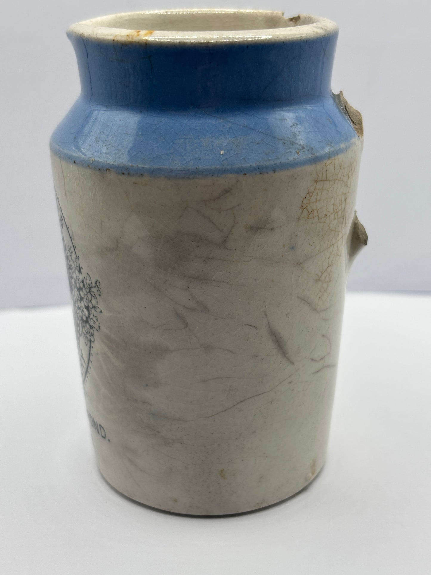 Old stoneware advertising cream pot, J.Clarke & Sons Dairy & Creamery. Restoration project?