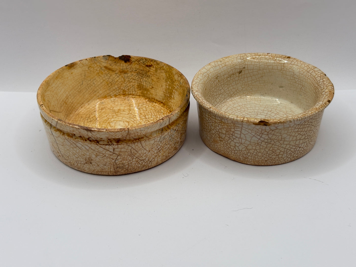 2 Old stoneware meat paste pots, potted meat. Chipped