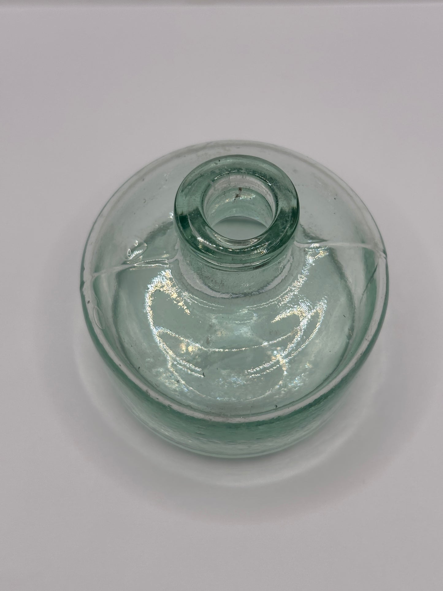 Old aqua glass round inkwell, ink bottle