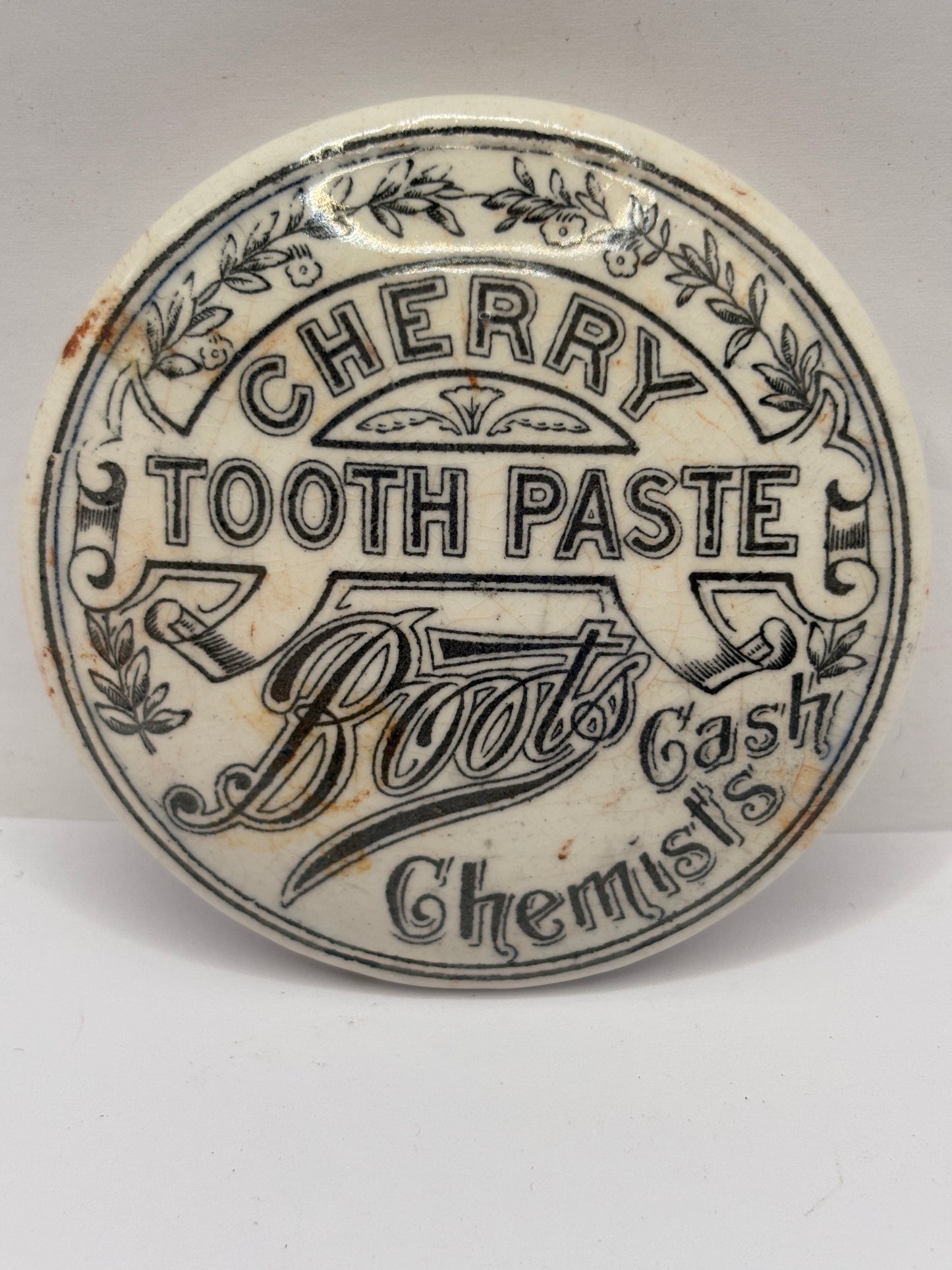 Old advertising lid, Cherry tooth paste, Boots cash chemists