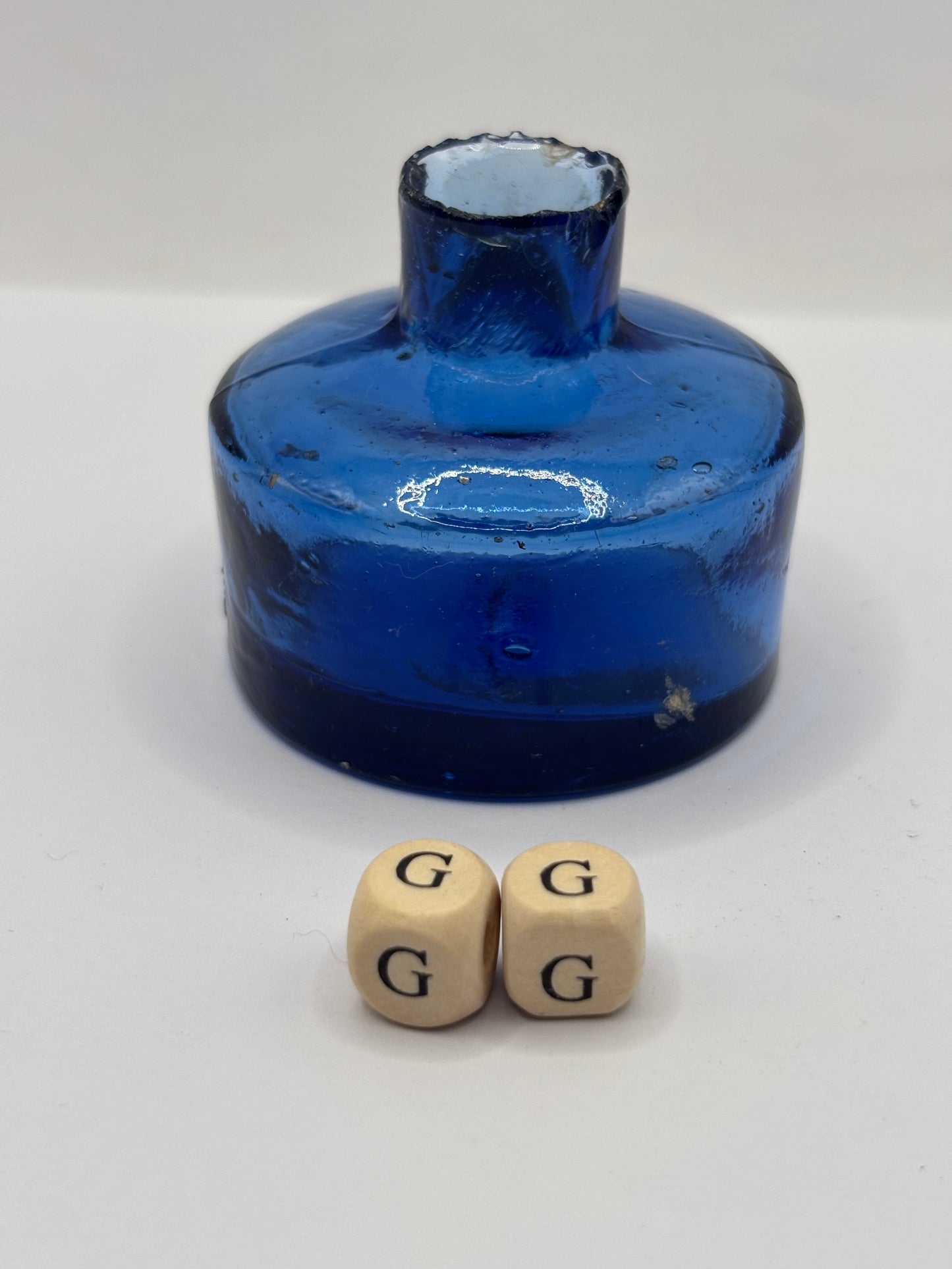 Old blue glass inkwell, ink bottle (GG)