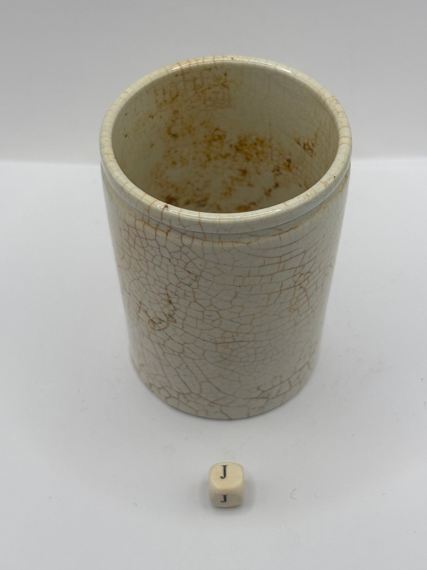 Old stained & crazed stoneware pot (J)