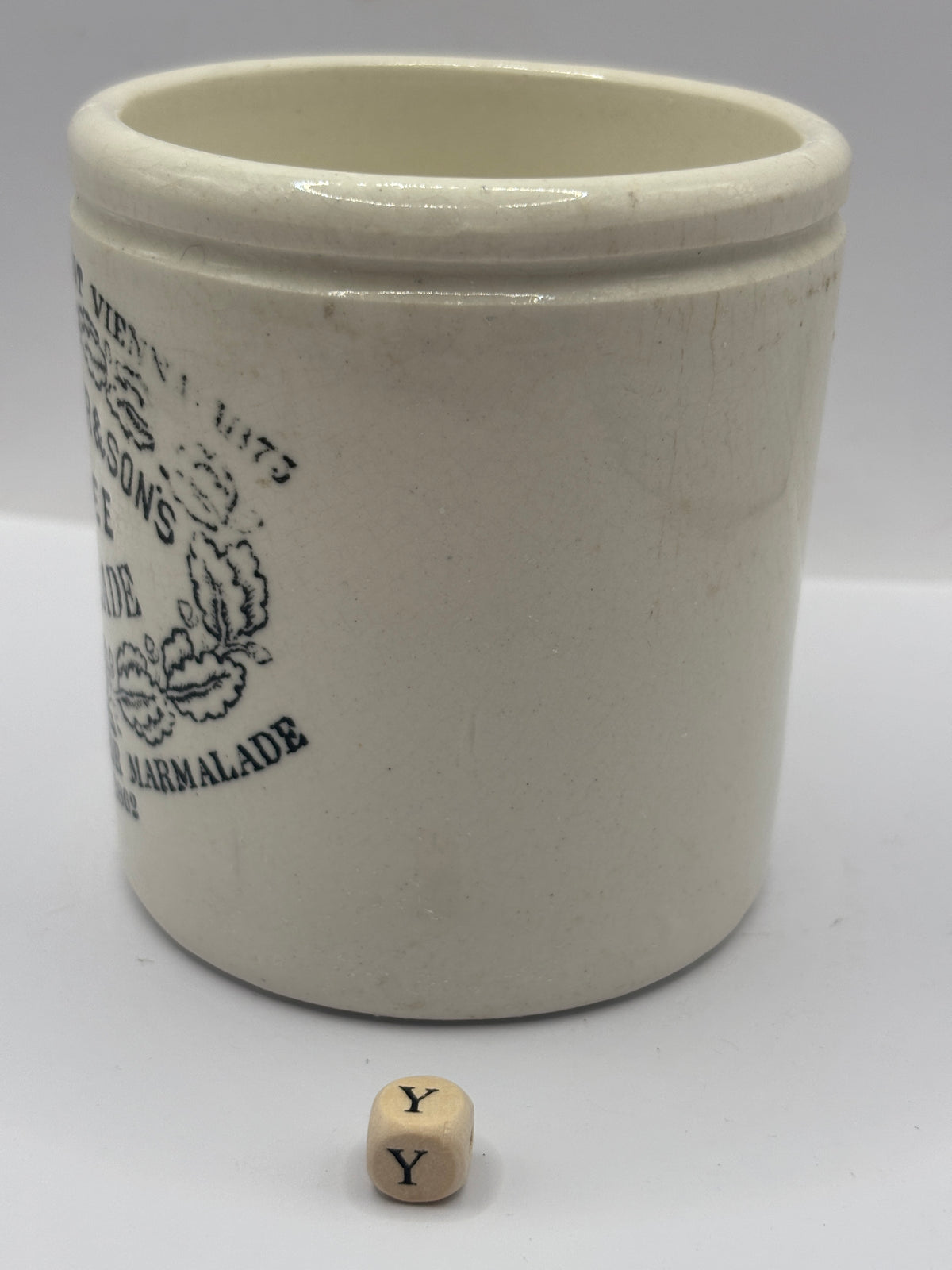 Old 1lb stoneware marmalade pot, James Keiller Dundee marmalade (y)