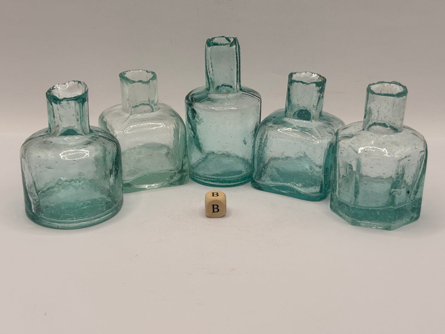 5 old aqua glass inks, inkwells, ink bottles, penny ink (B)