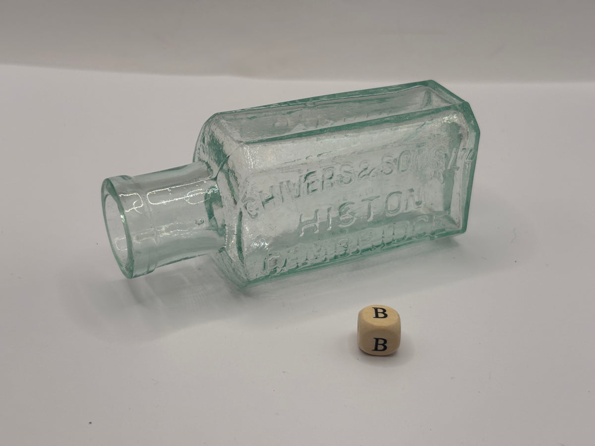 Old aqua glass advertising bottle, Chivers Lemonade (B)