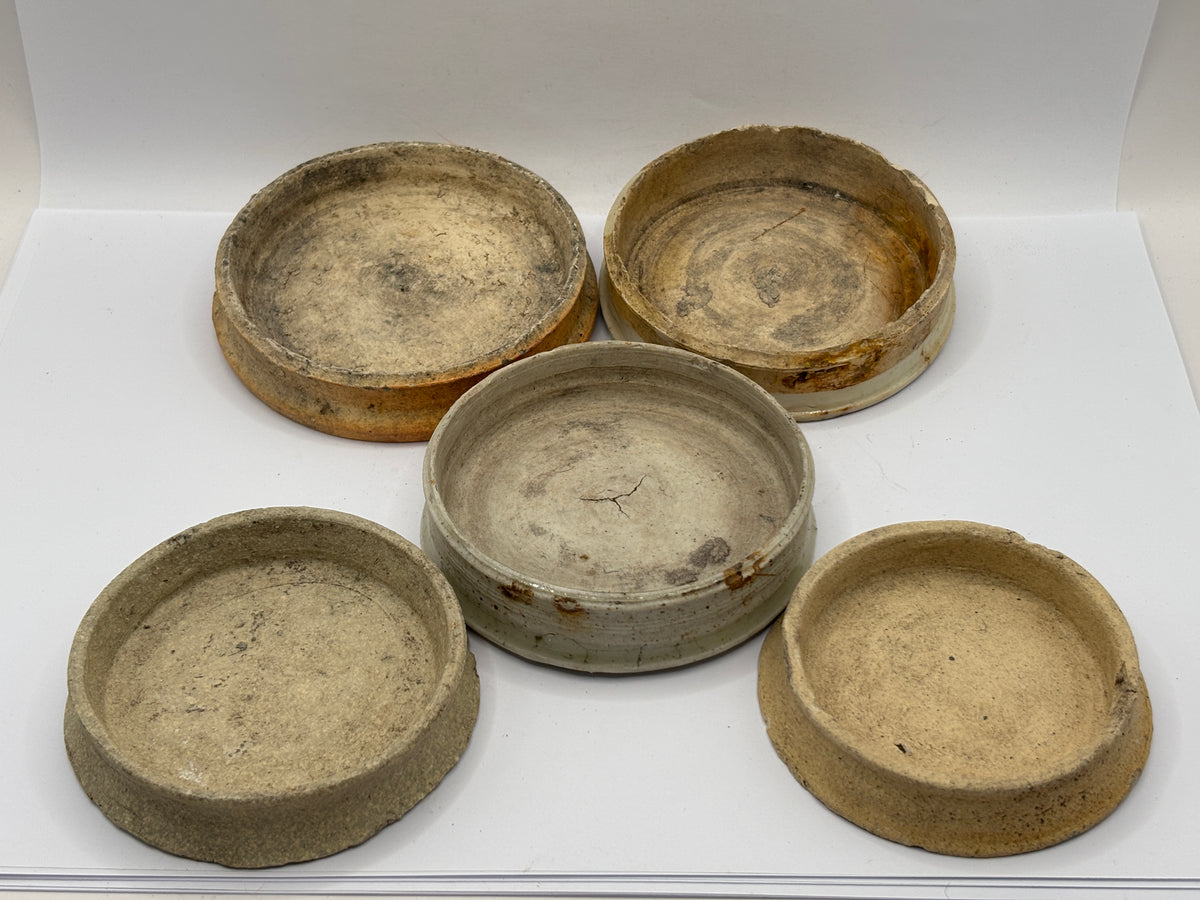 5 old stoneware ginger jar lids, stackers