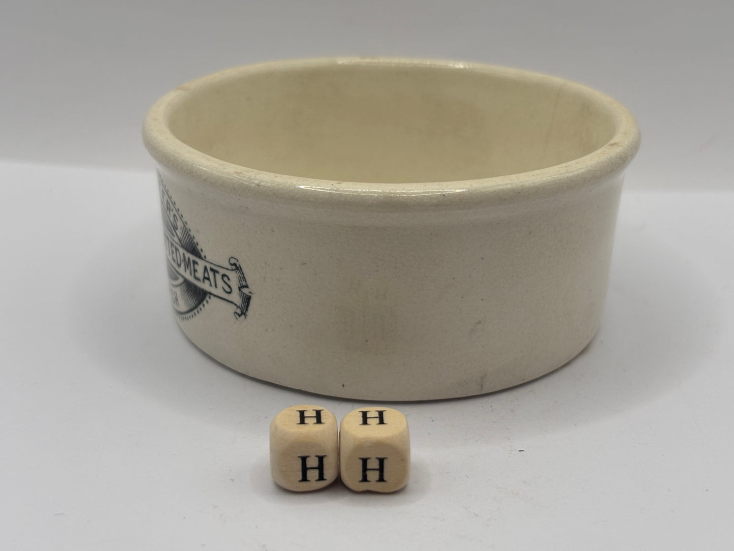 Old advertising meat paste pot, EJ Fosters delicious potted meats Ipswich