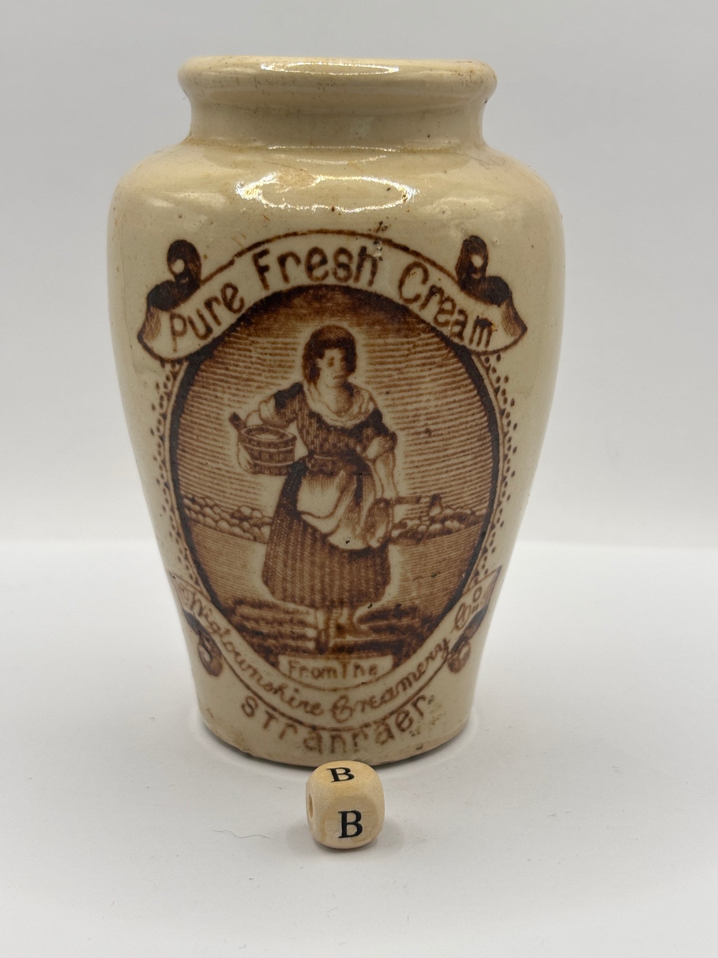 Old stoneware advertising cream pot, pure fresh cream Stranraer. Serpia print (B)
