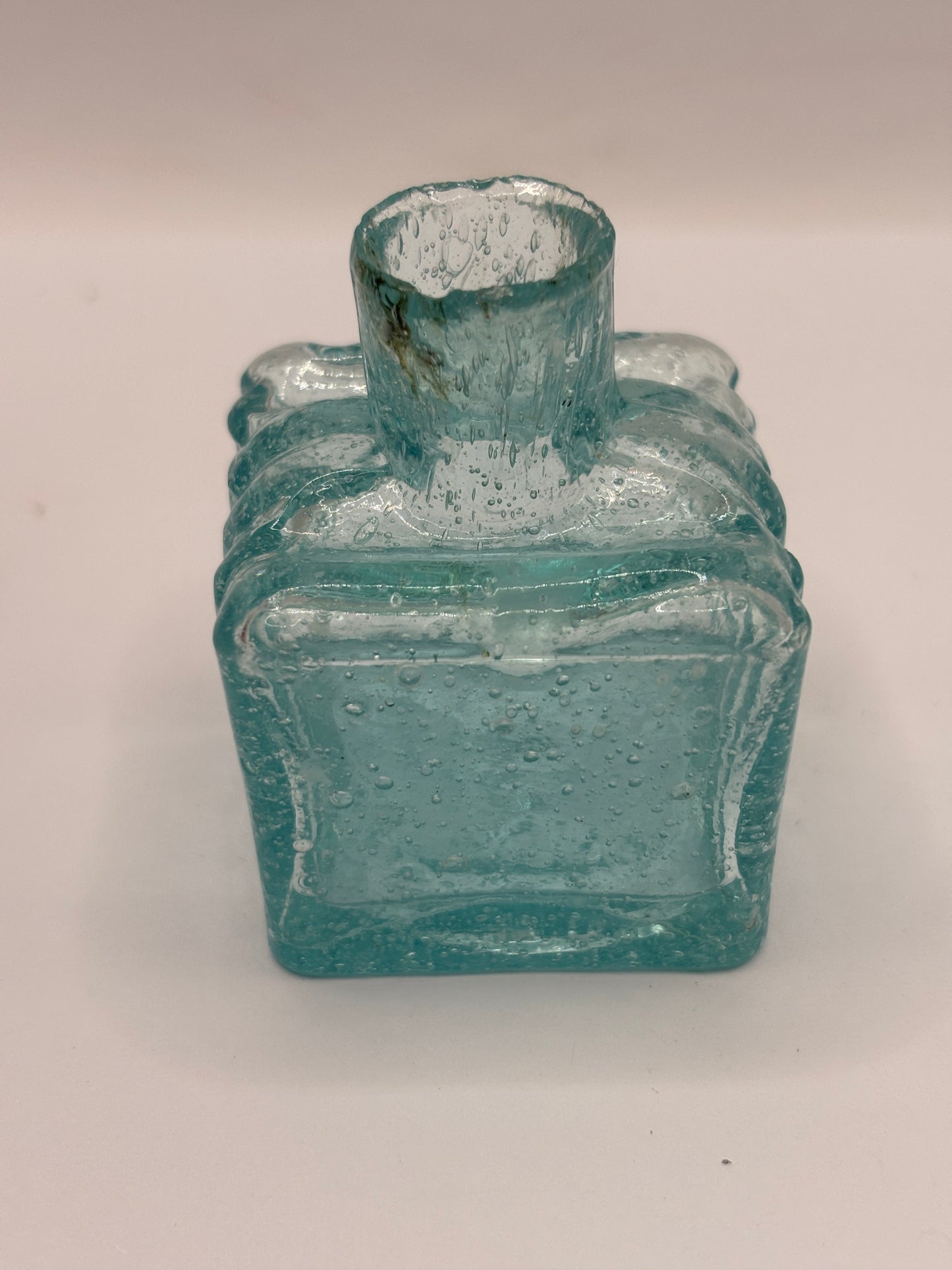 old aqua glass ink,inkwell, ink bottle. bubbly ink