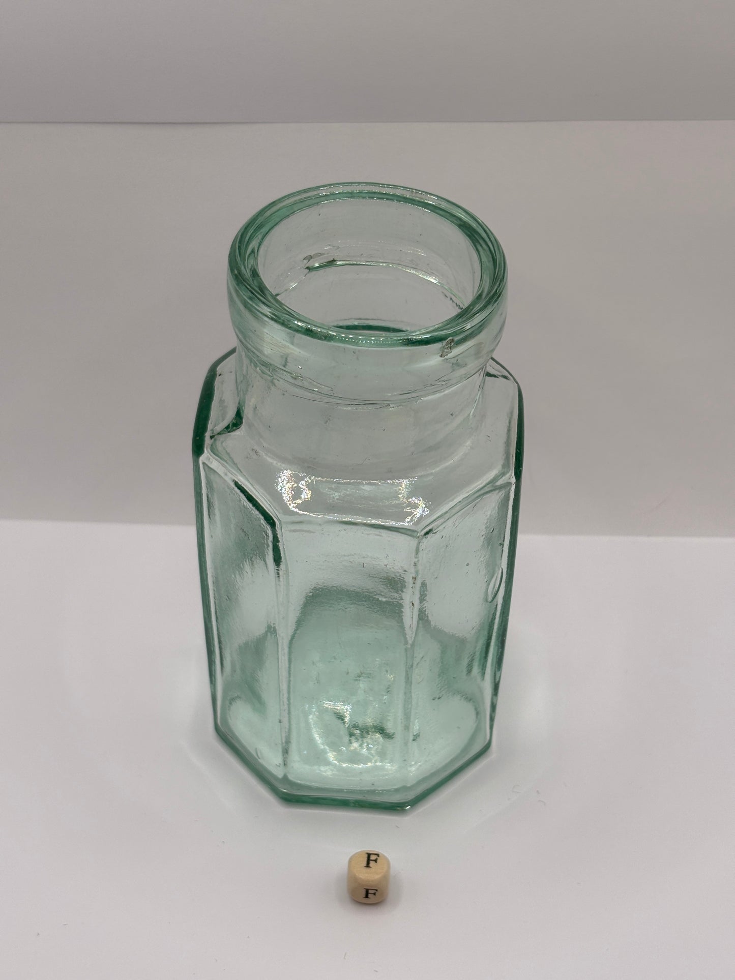 Old 8 sided aqua glass pickle jar, preserve jar (F)