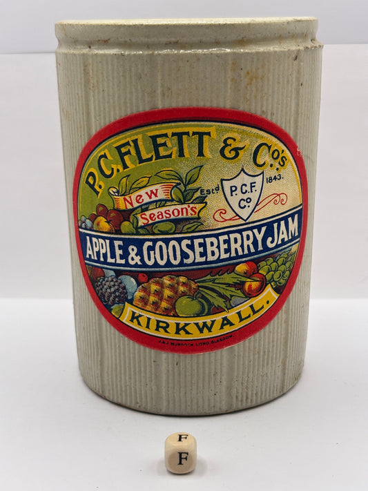 Old 2lb ribbed stoneware jam pot with added label (F)