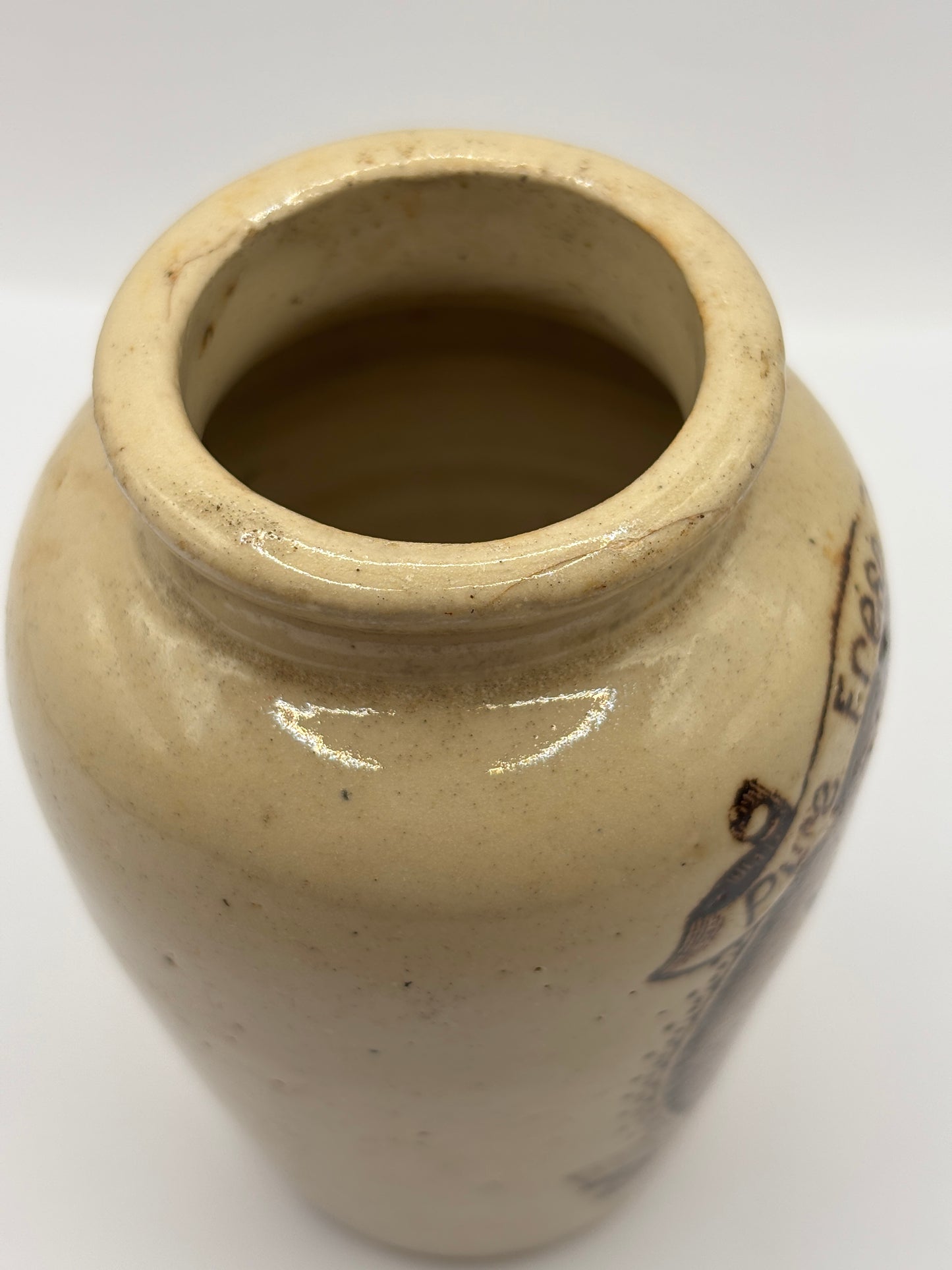Old stoneware advertising cream pot, pure fresh cream Stranraer. Serpia print