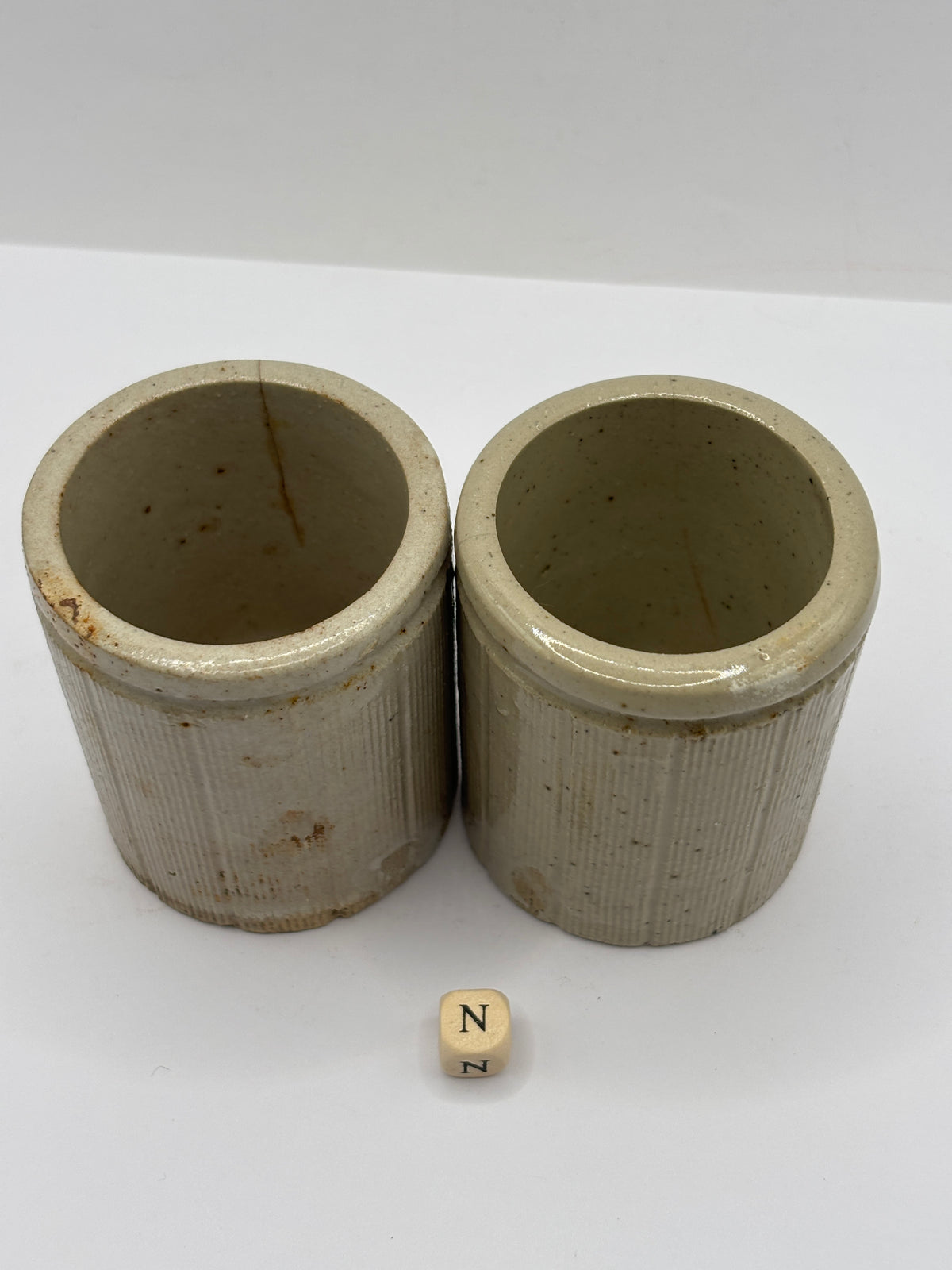 2 Old small ribbed stoneware jam pots (N) hairlined
