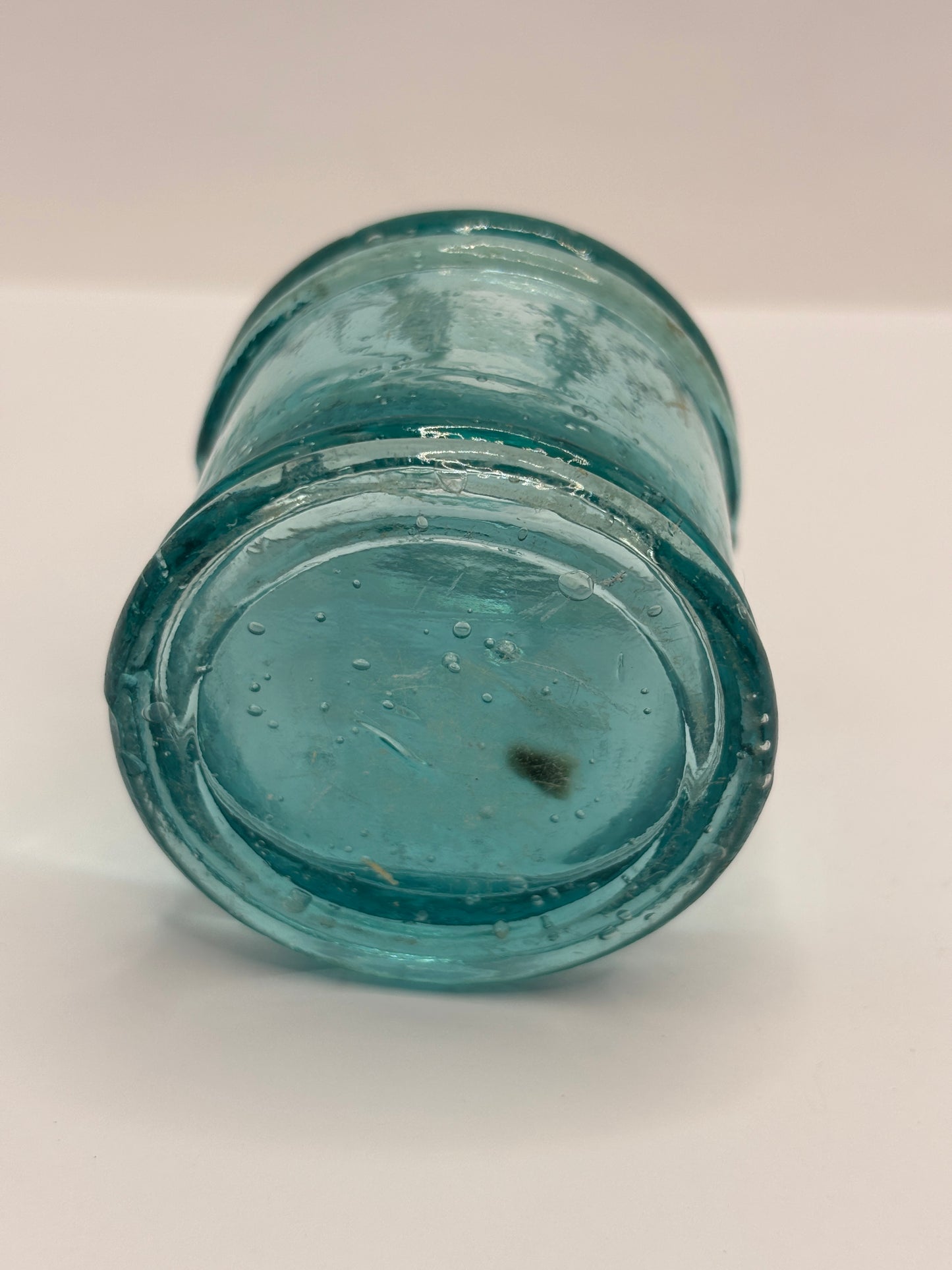 Old dark aqua glass inkwell, penny ink, ink bottle (HA)