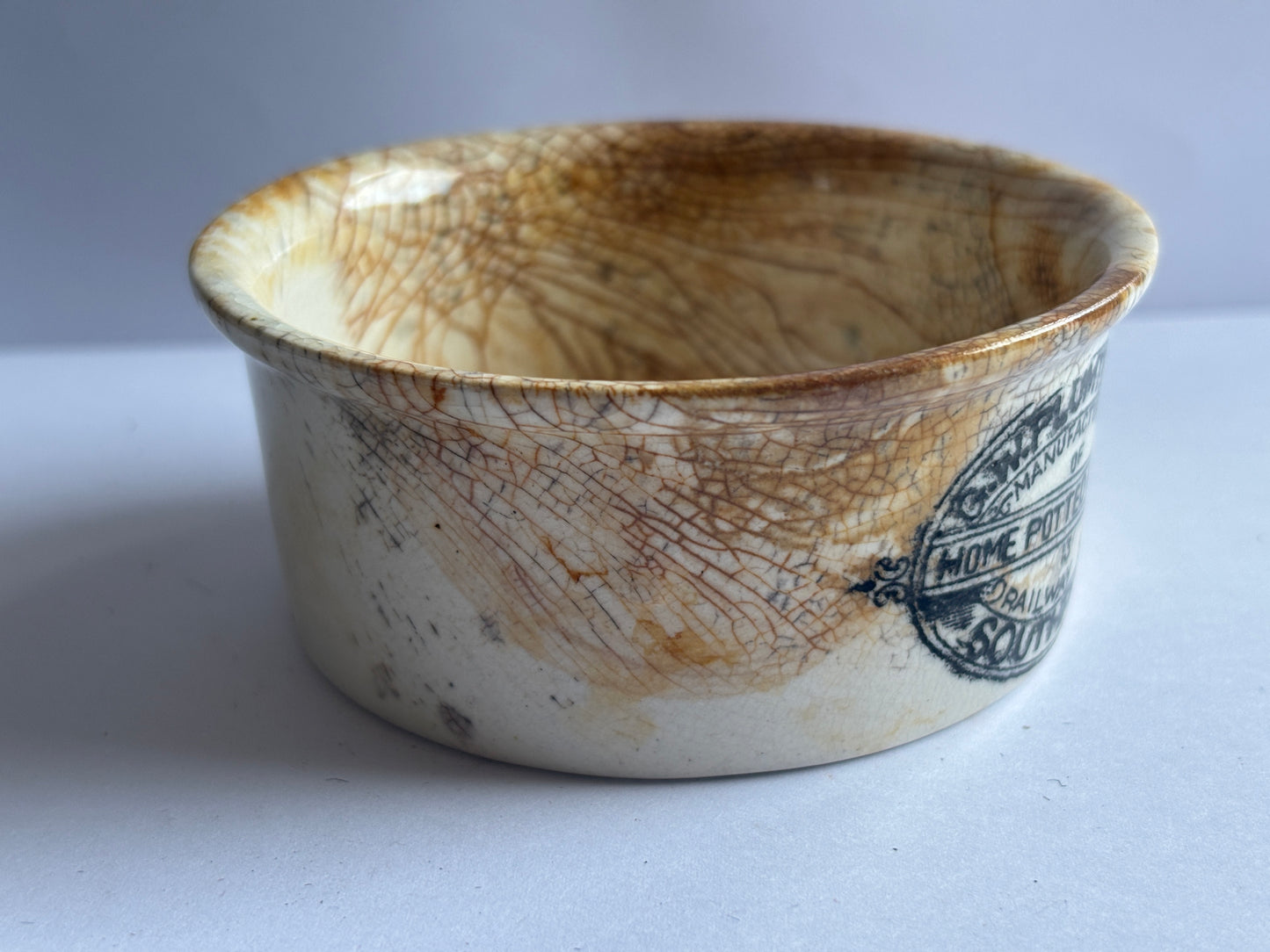 Old stained & crazed plumtree meat paste pot