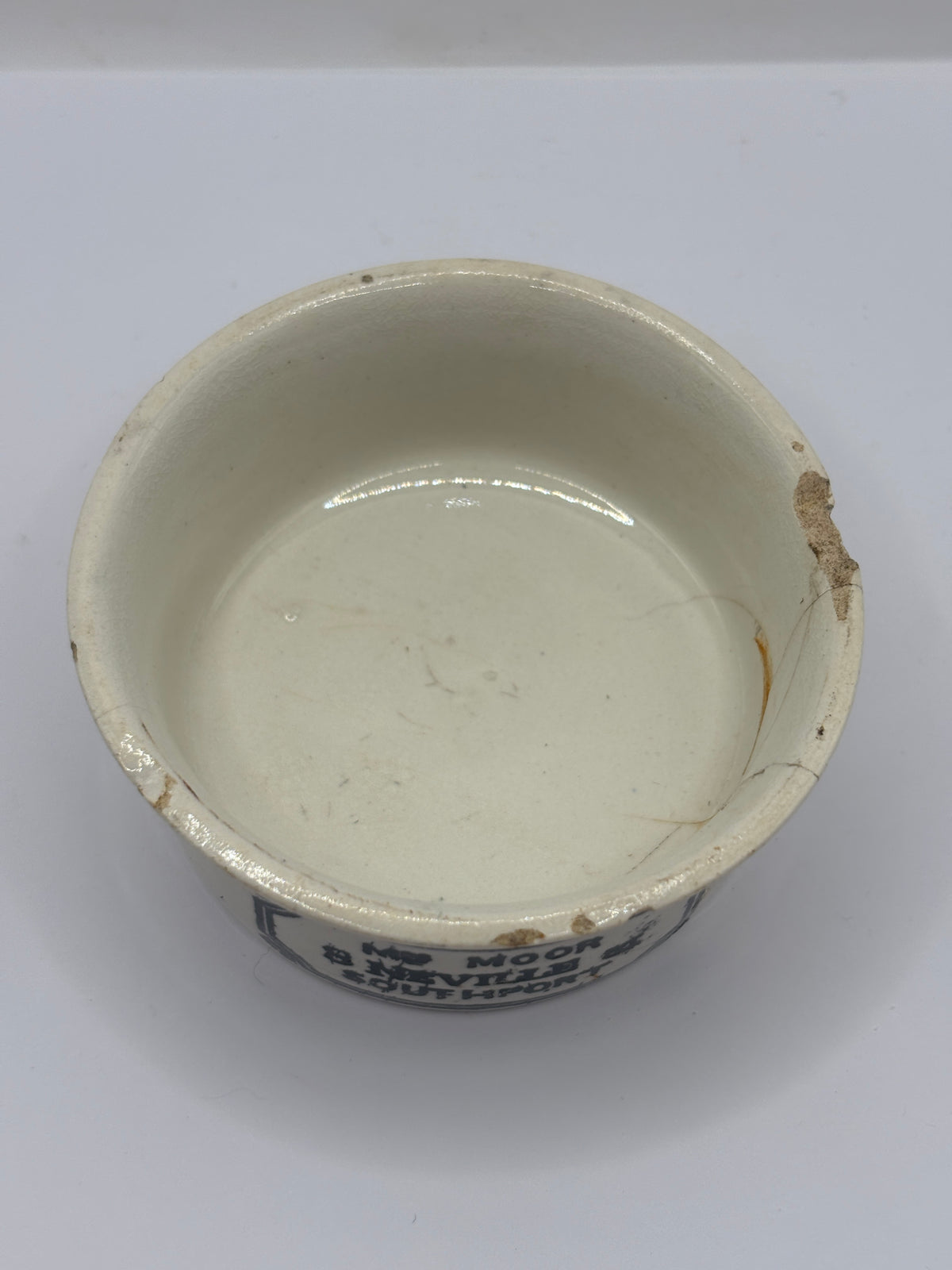 Old advertising meat paste pot, mrs moors. Damaged