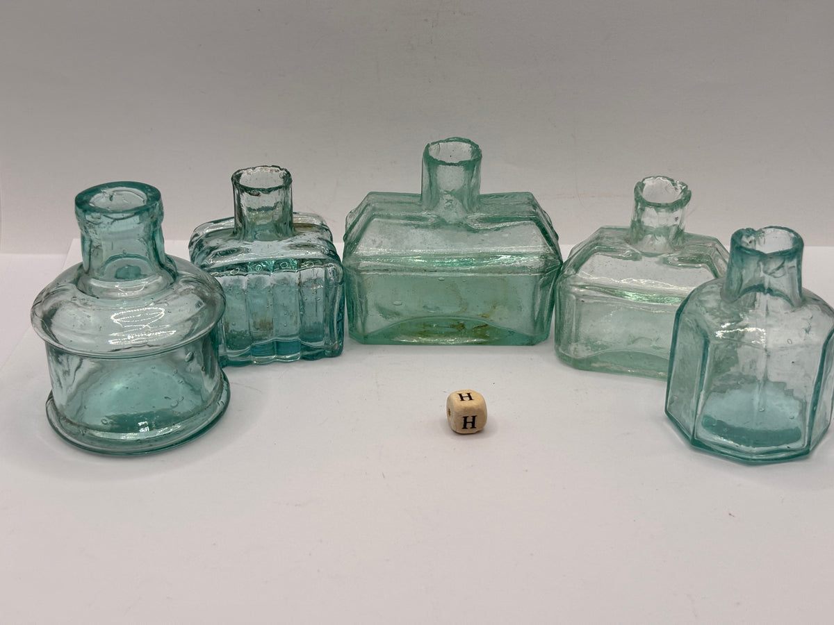 5 old aqua glass inks, inkwells, ink bottles, penny ink (H)