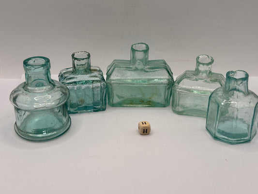 5 old aqua glass inks, inkwells, ink bottles, penny ink (H)