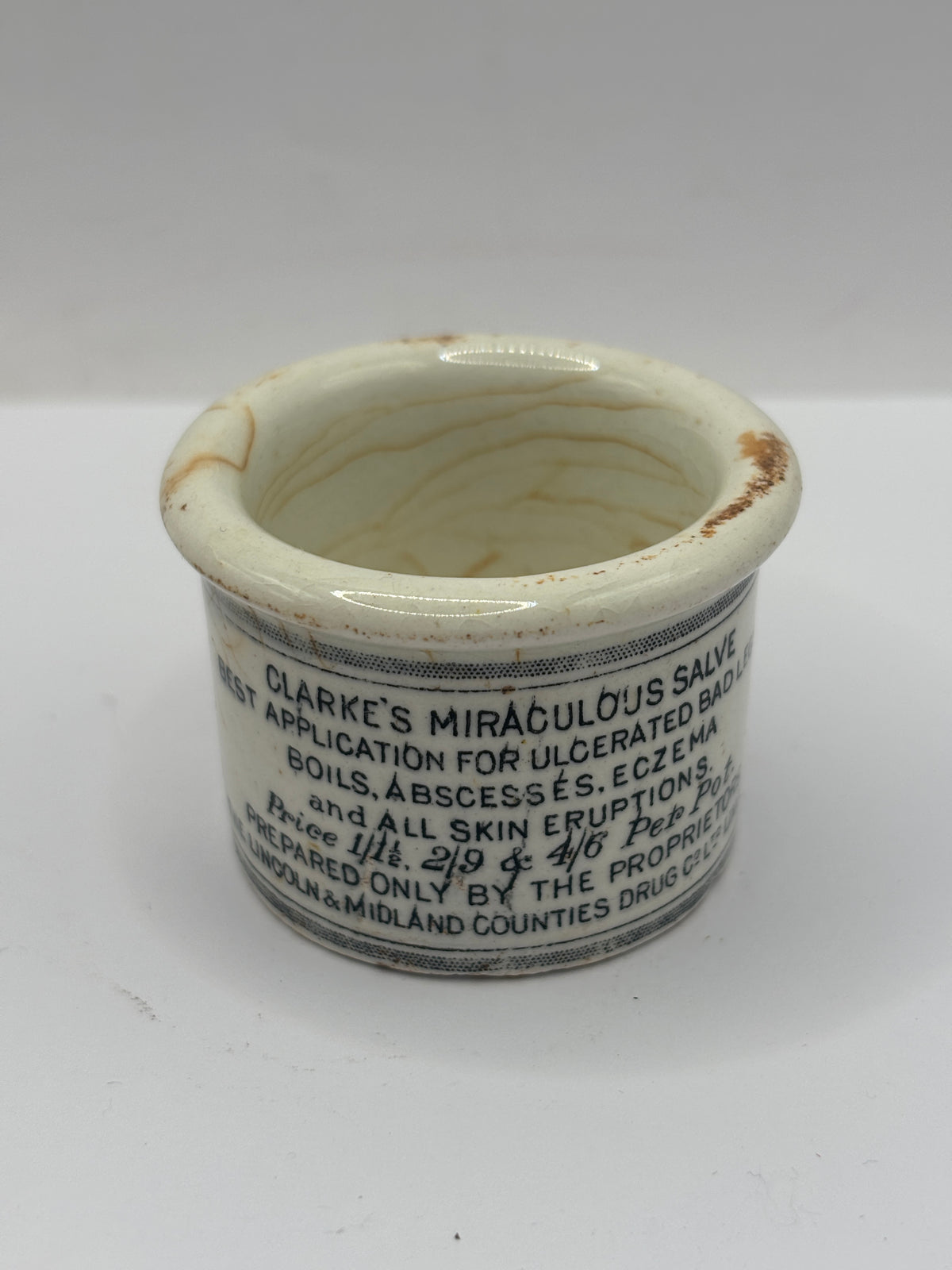Old advertising ointment pot, clarkes miraculous salve ointment