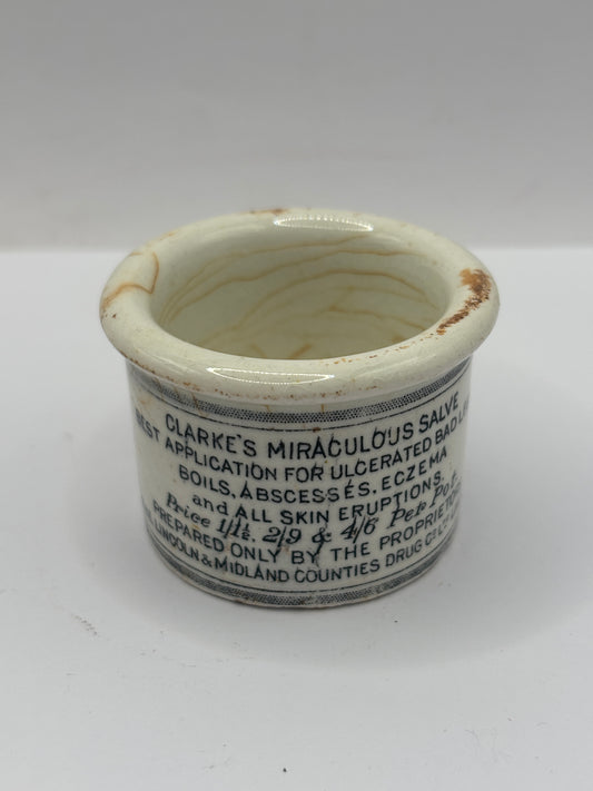 Old advertising ointment pot, clarkes miraculous salve ointment