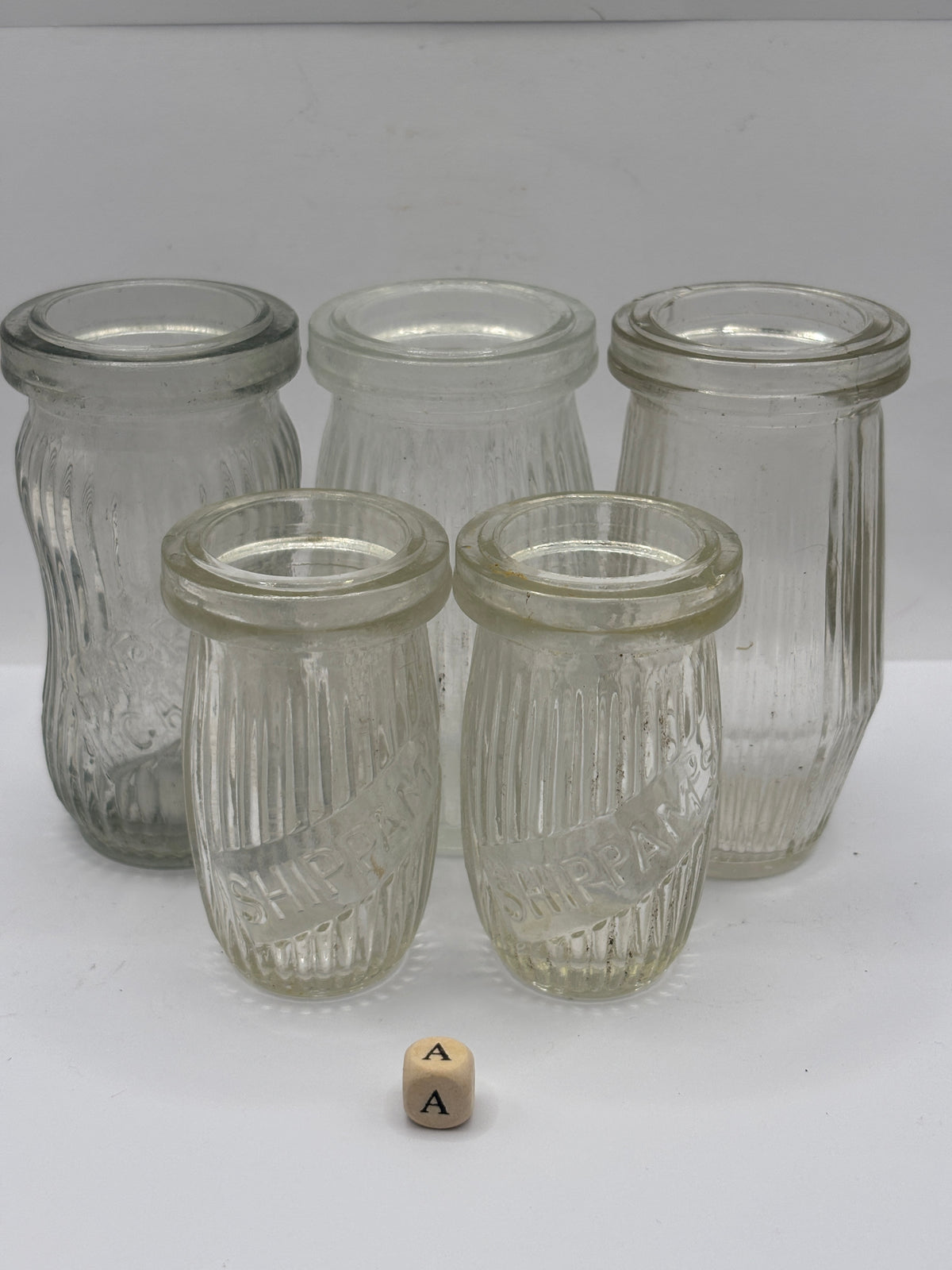 5 old clear glass meat paste jars (a)