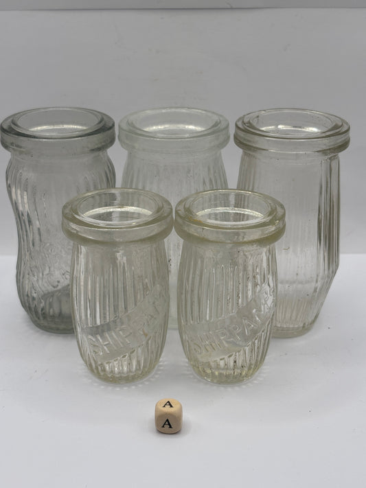 5 old clear glass meat paste jars (a)