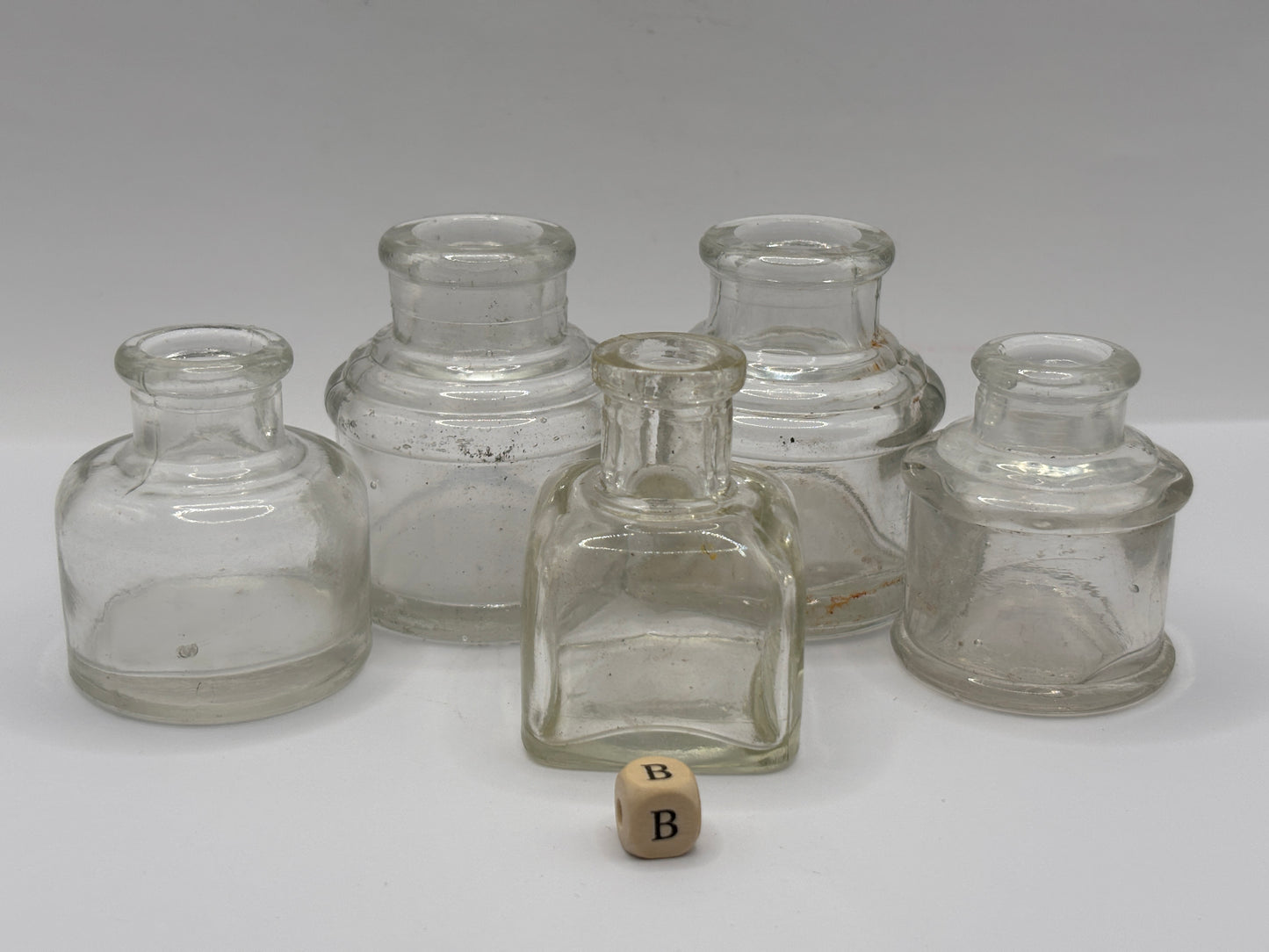 5 old clear glass inks, inkwells, ink bottles (B)