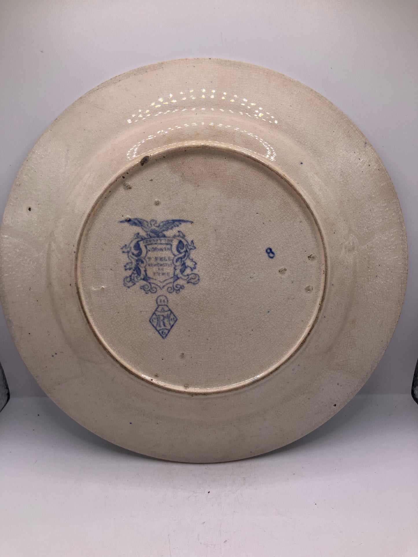 2 old blue and white plates, mid 1800s with diamond registration, stained & crazed