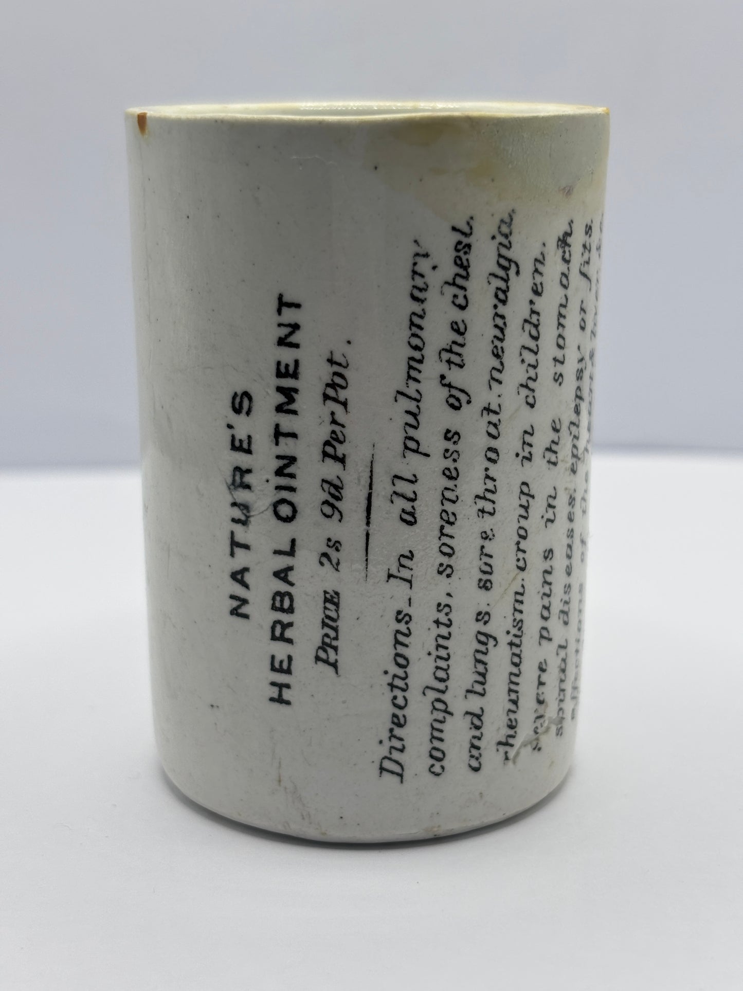 Old advertising ointment pot, Natures herbal ointment. Repaired