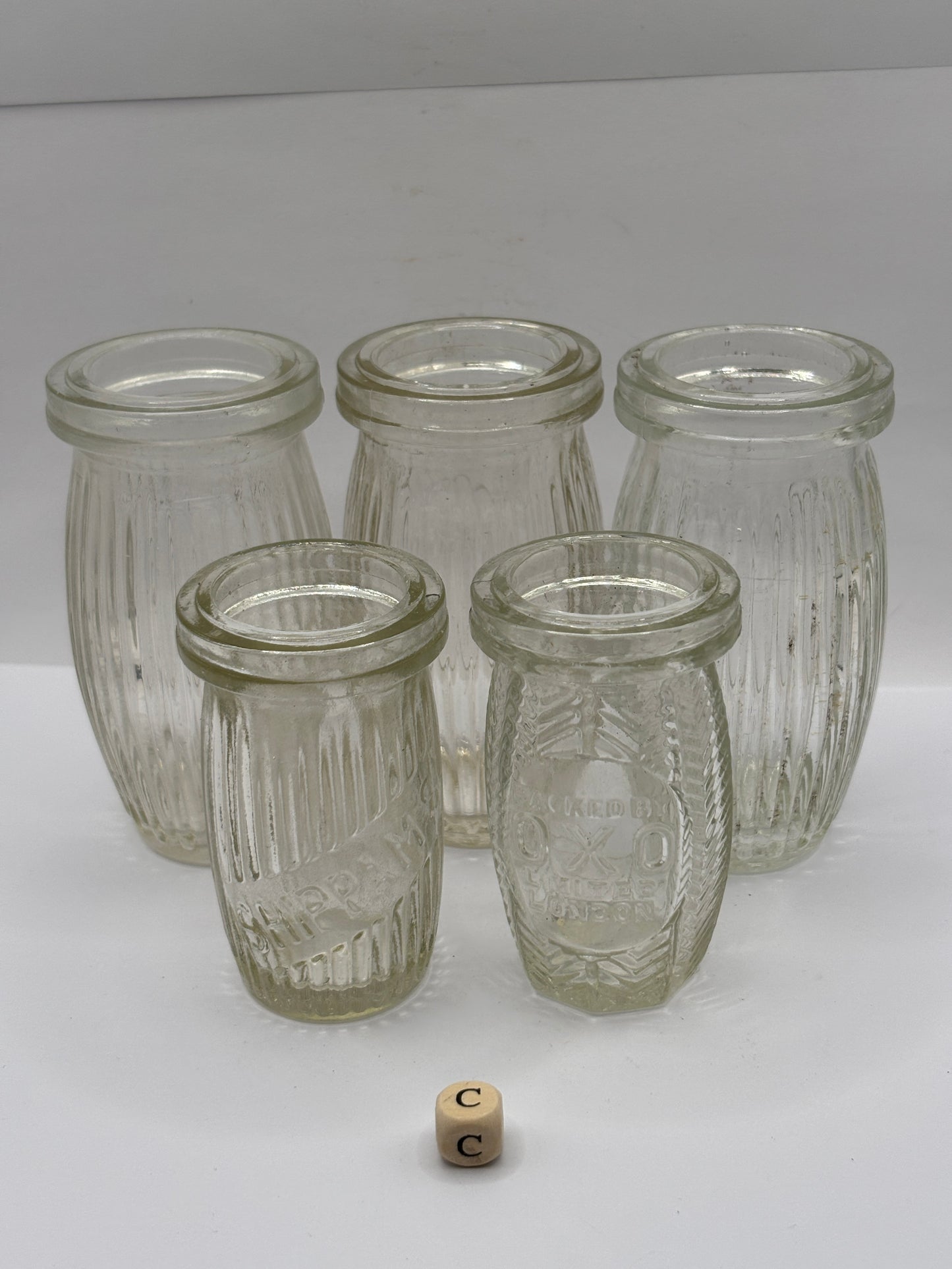 5 old clear glass meat paste jars (c)