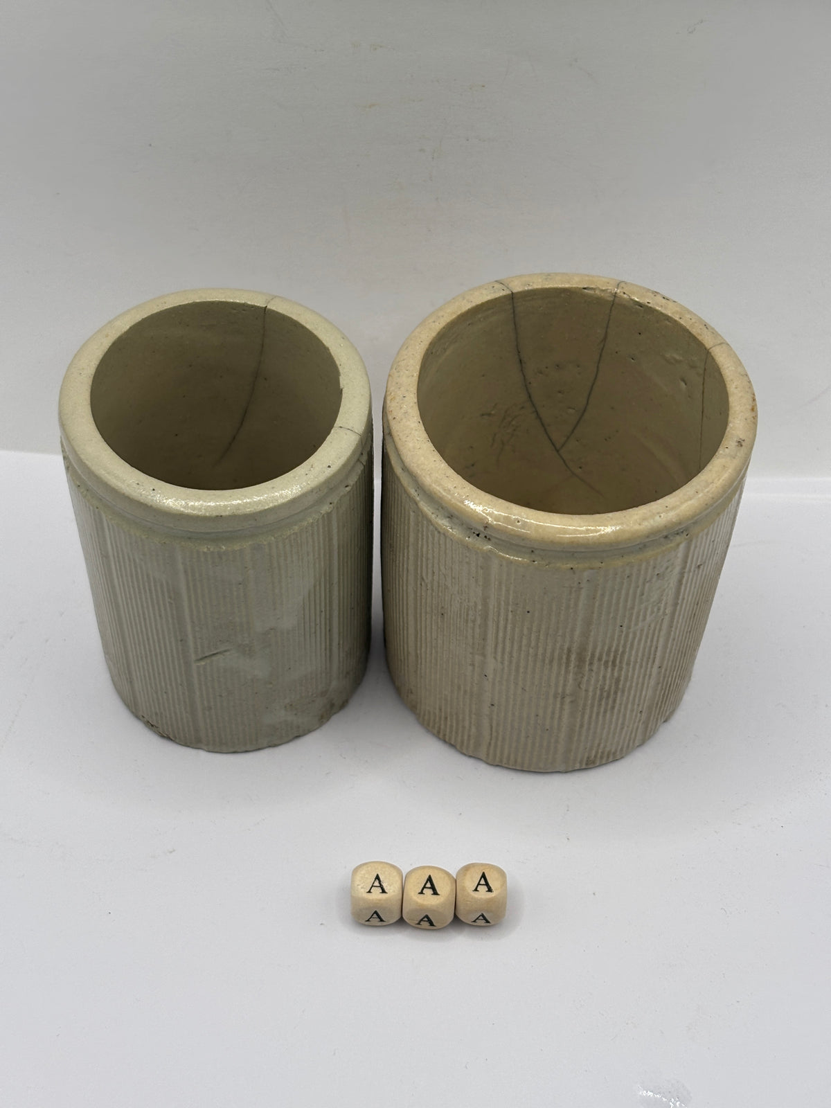 2 Old small ribbed stoneware jam pots (aaa) Hairlines