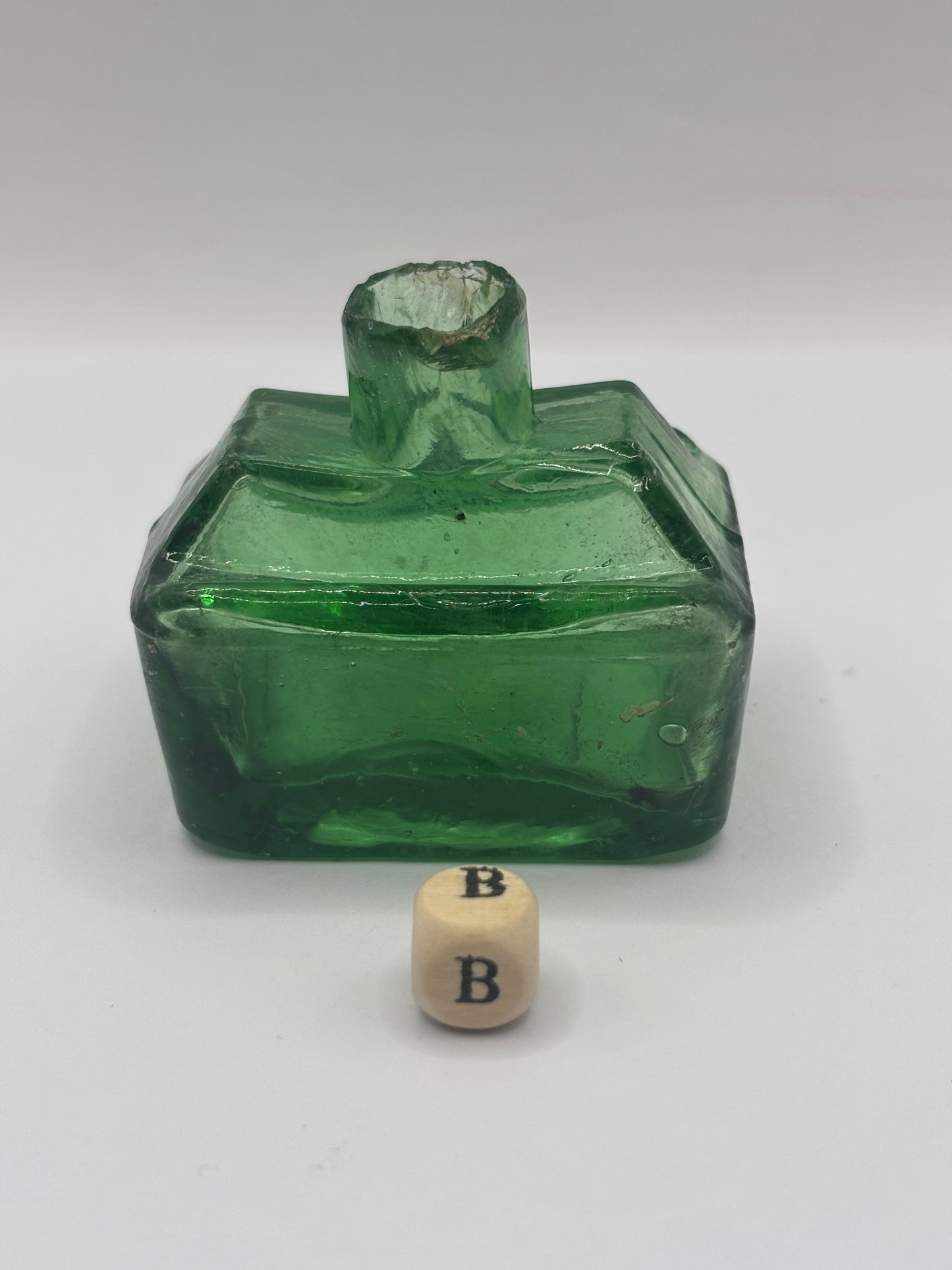 Old green glass boat ink, inkwell (B) small damage