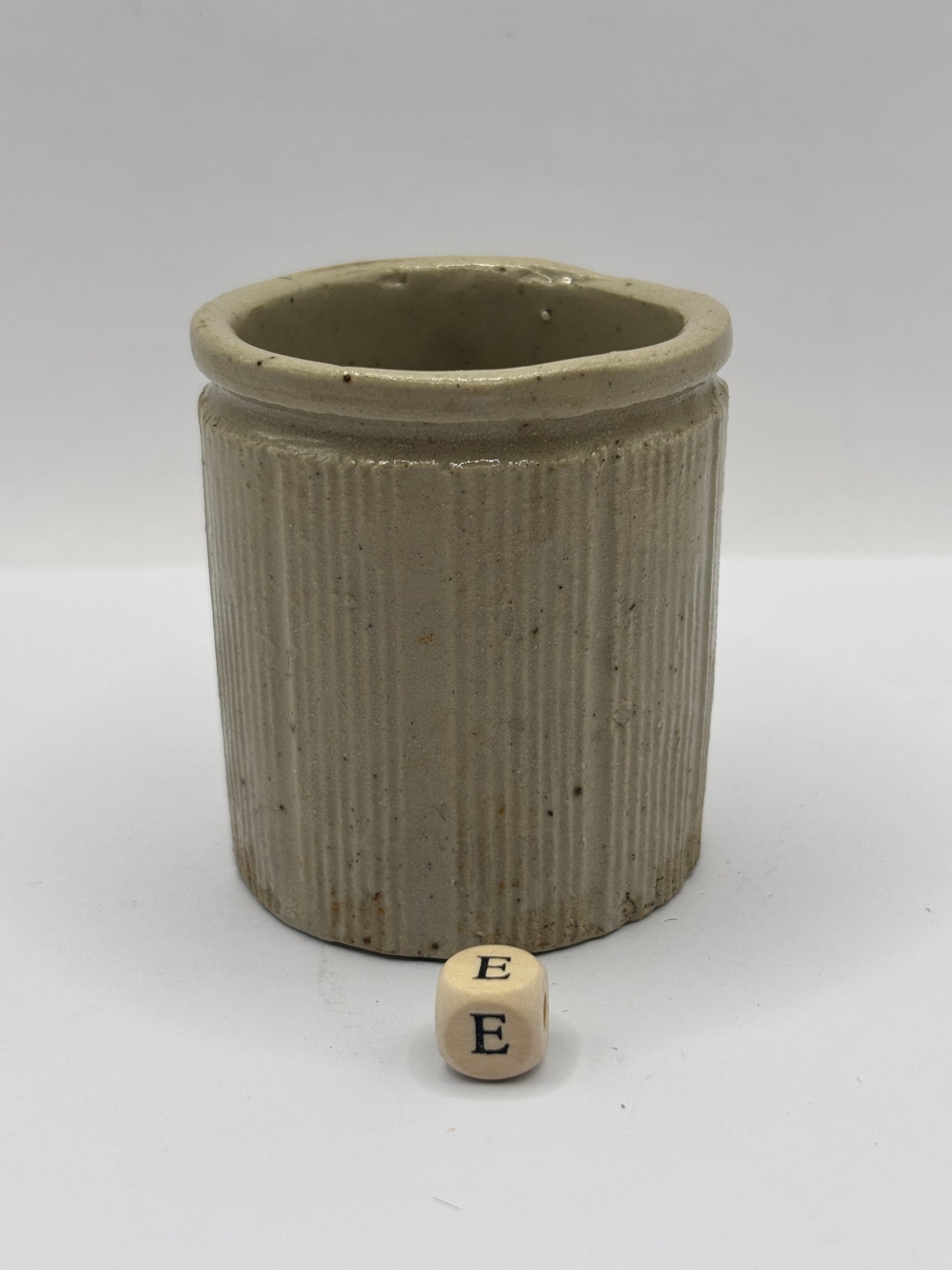 Old mini ribbed stoneware jam pot (E)