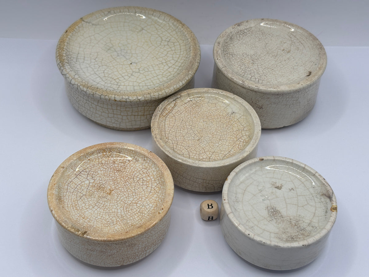 5 old stoneware pot lid bases, stackers (B)