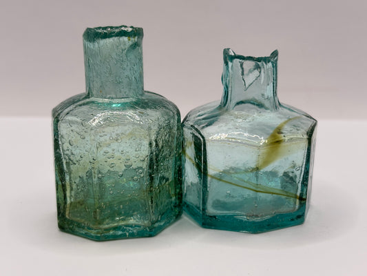 2 old swirly glass ink bottles, inkwells, penny ink