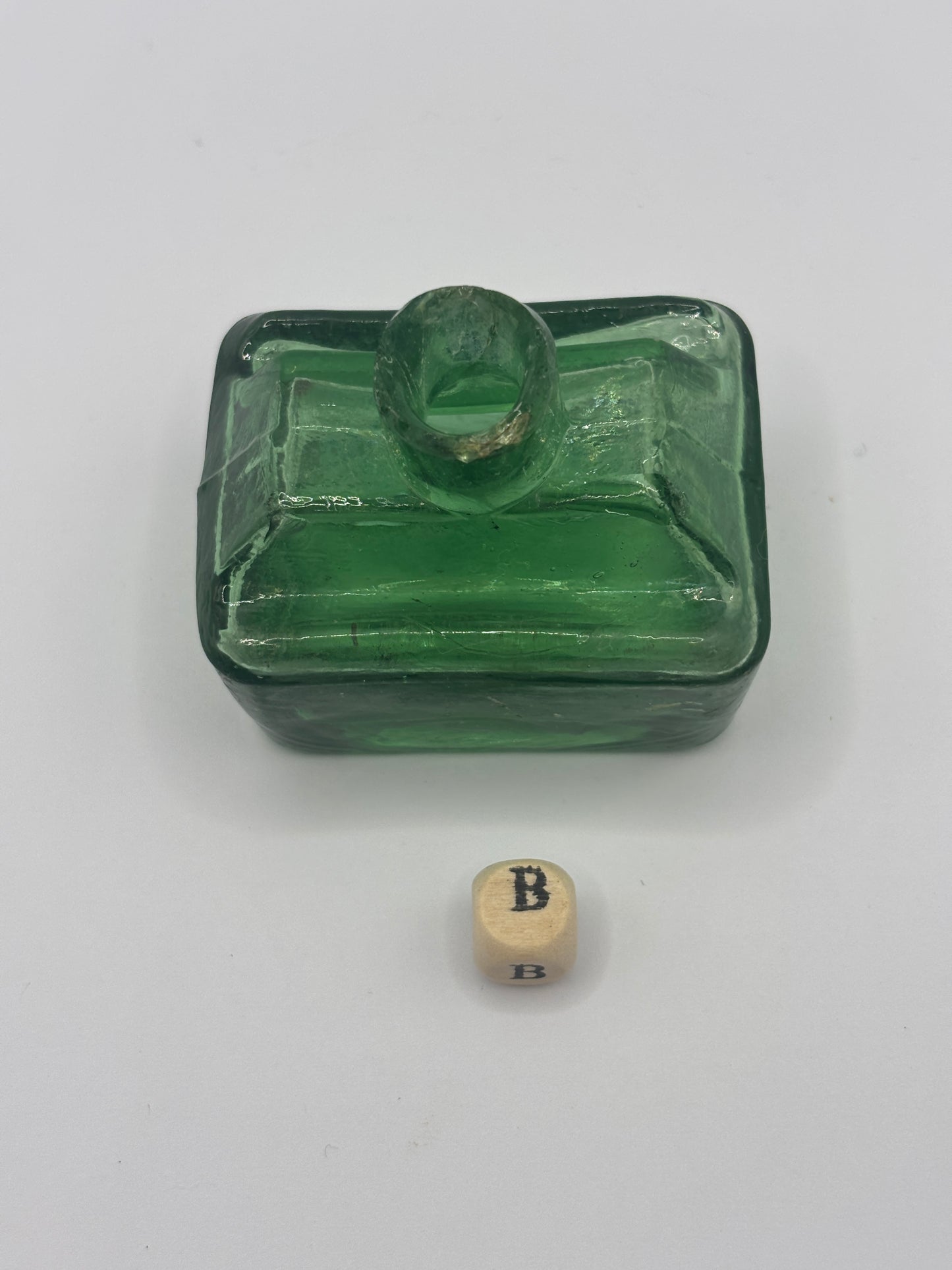 Old green glass boat ink, inkwell (B) small damage
