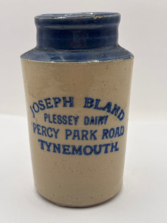 Old blue top advertising cream pot, Joseph Bland Plessey Dairy. Tynemouth