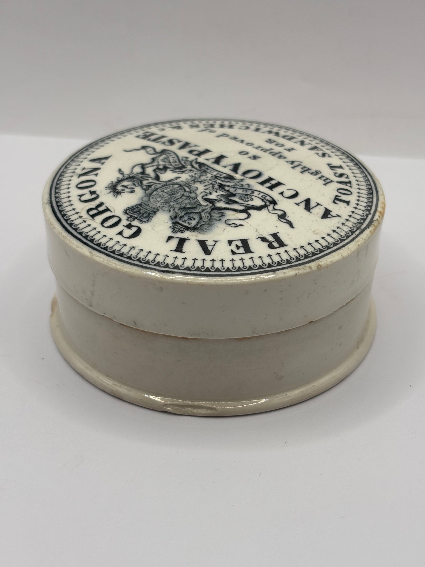 Old advertising lid and base. Real Gorgona anchovy paste. Chipped