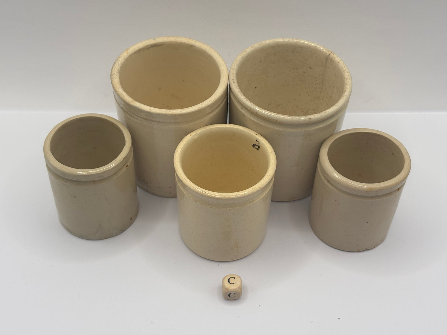 5 old white stoneware jars & pots (c)