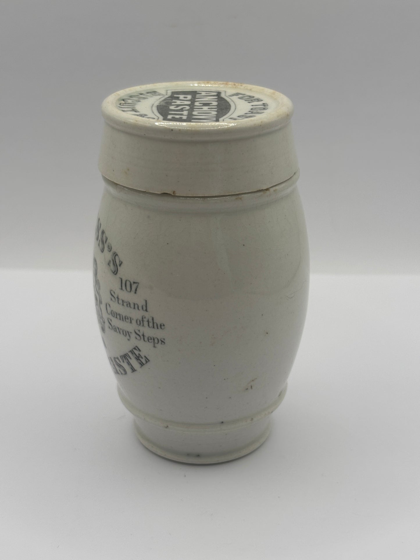 Old advertising jar and lid. Burgess anchovy paste for toast and biscuits