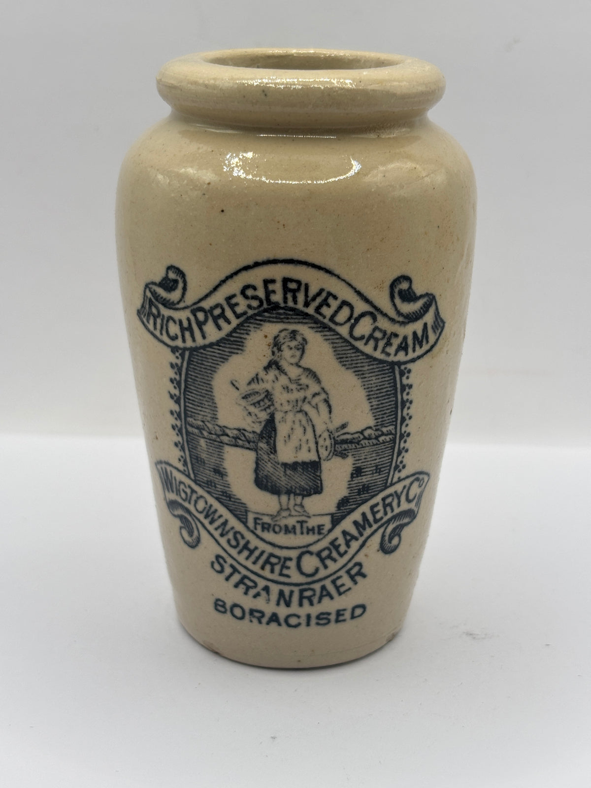 Old advertising cream pot, rich preserved cream stranraer, milkmaid