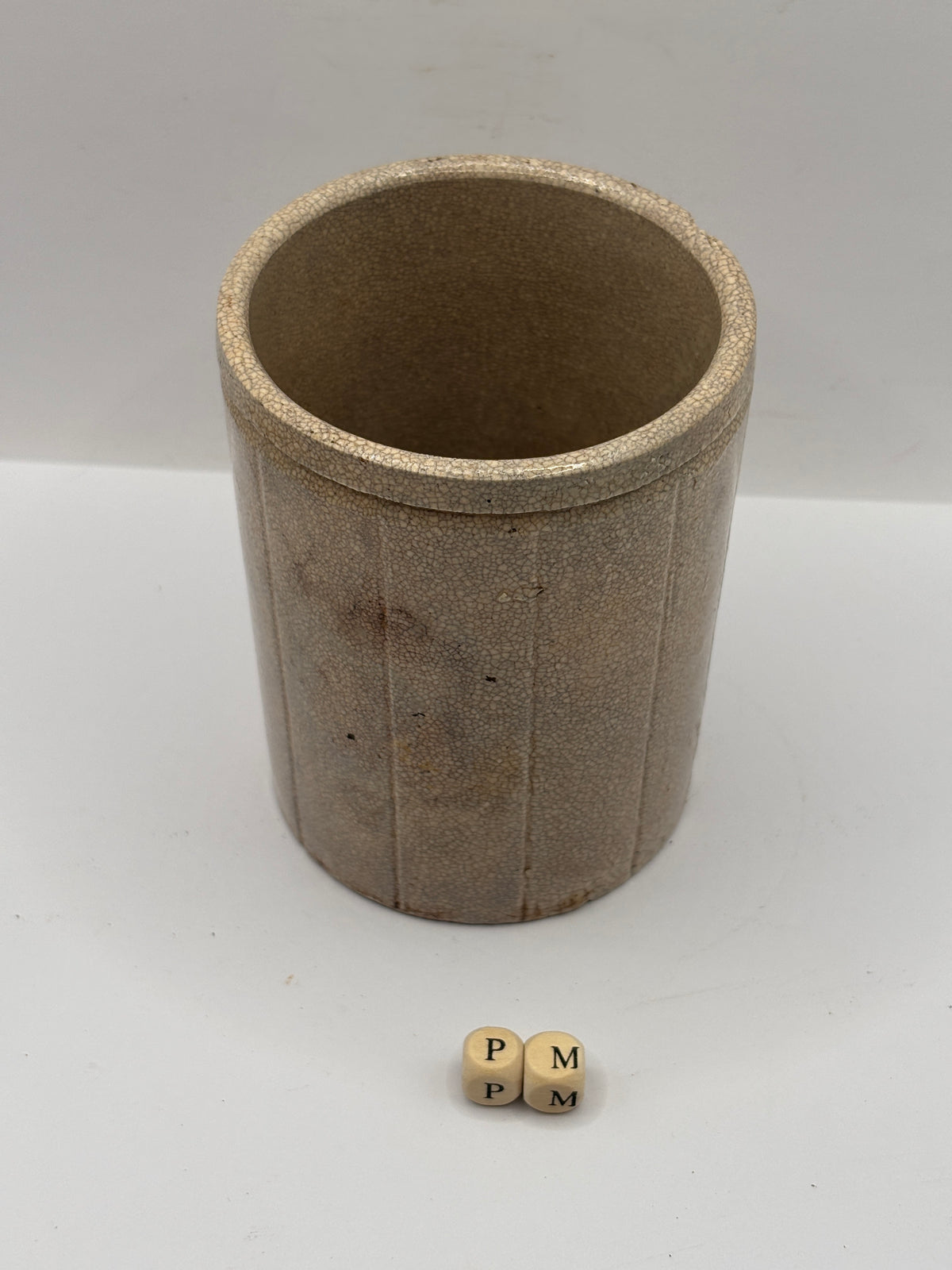Old 1lb ribbed stoneware jam pot (PM) stained & crazed