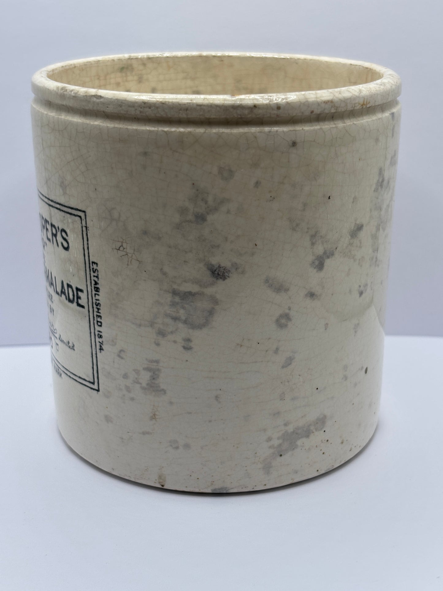 Old 2lb frank cooper marmalade jar, stained & crazed