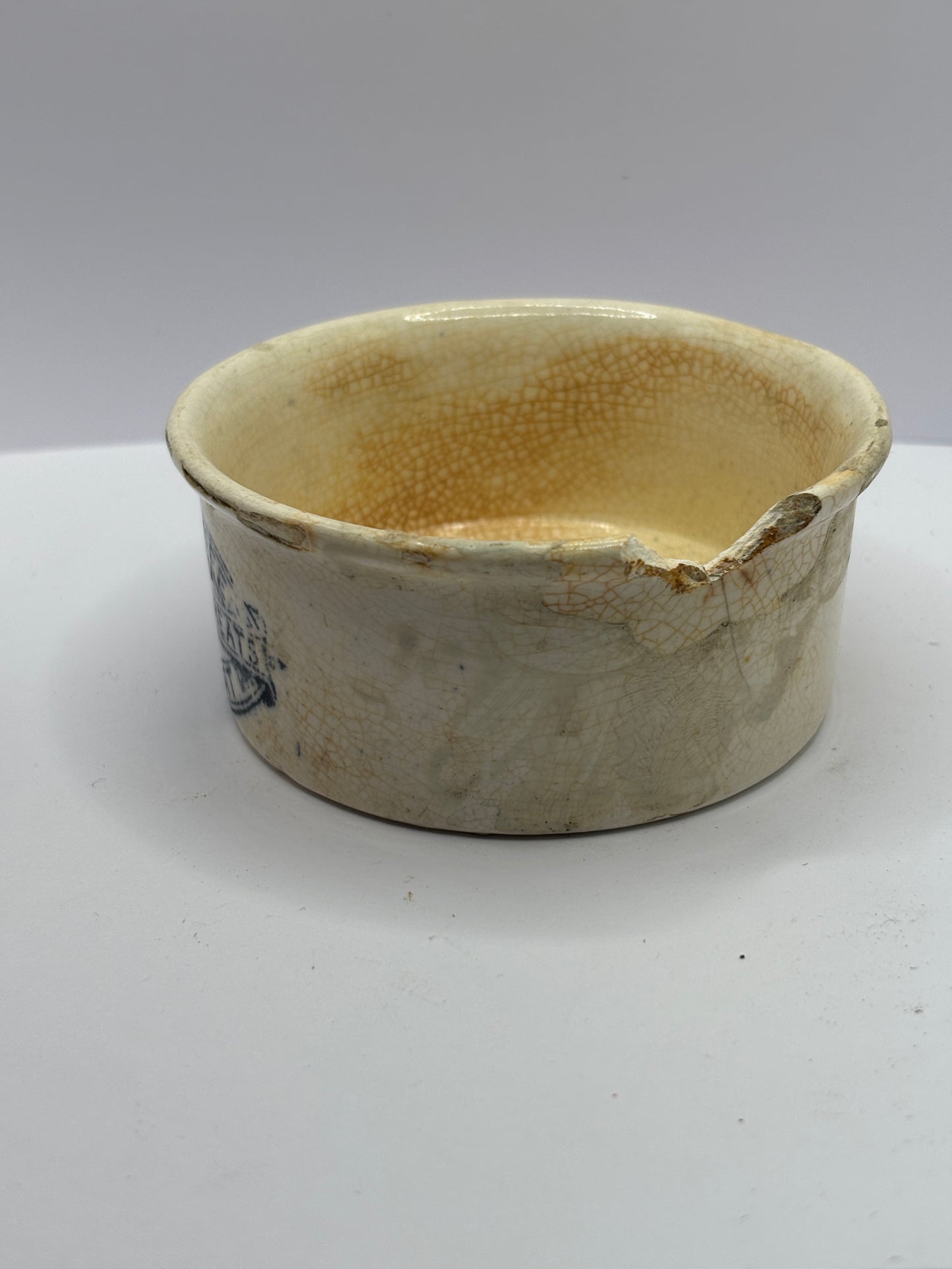 Plumtree home potted meats advertising pot. Damaged