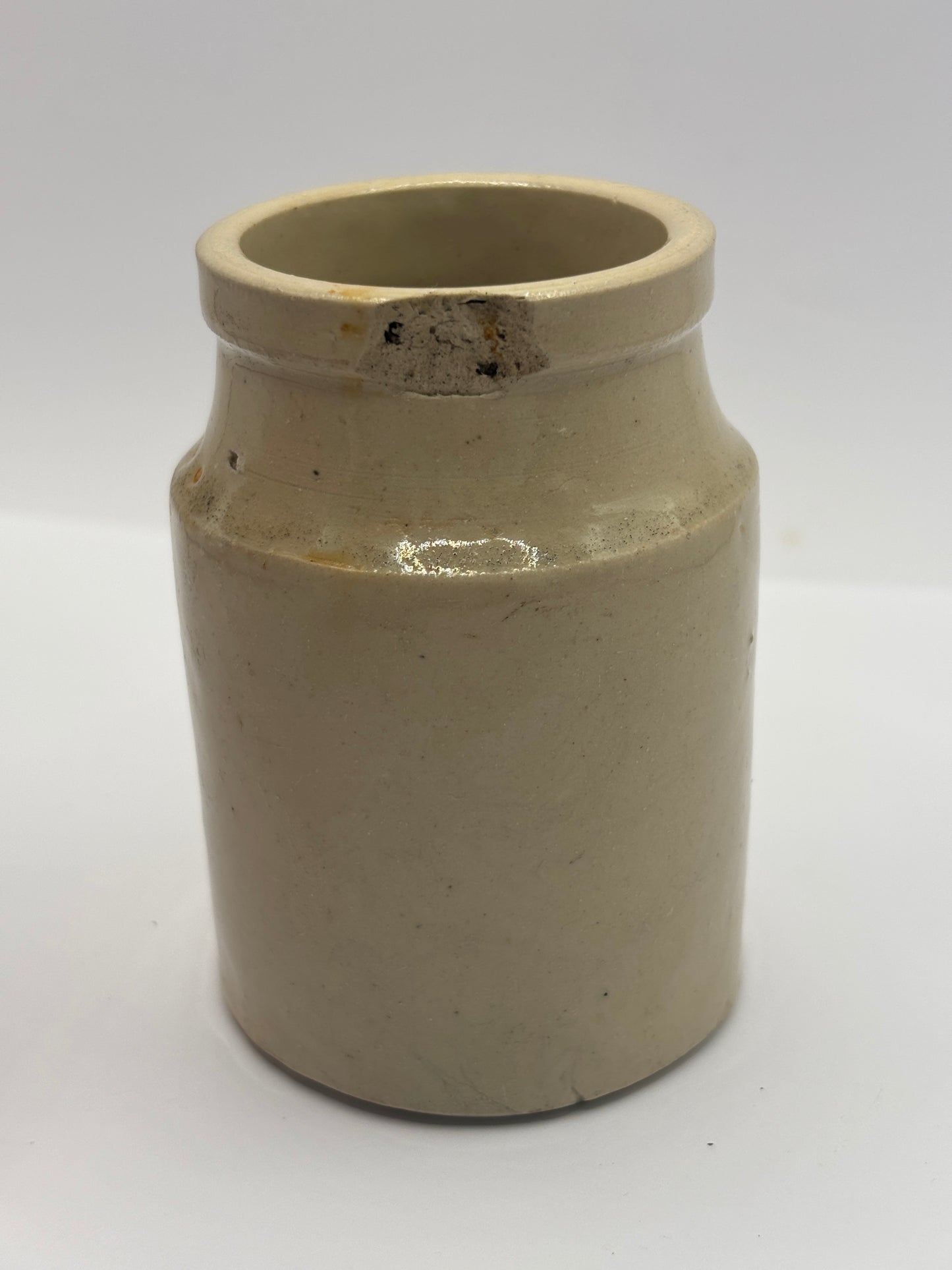 Old stoneware mustard pot. Chippy