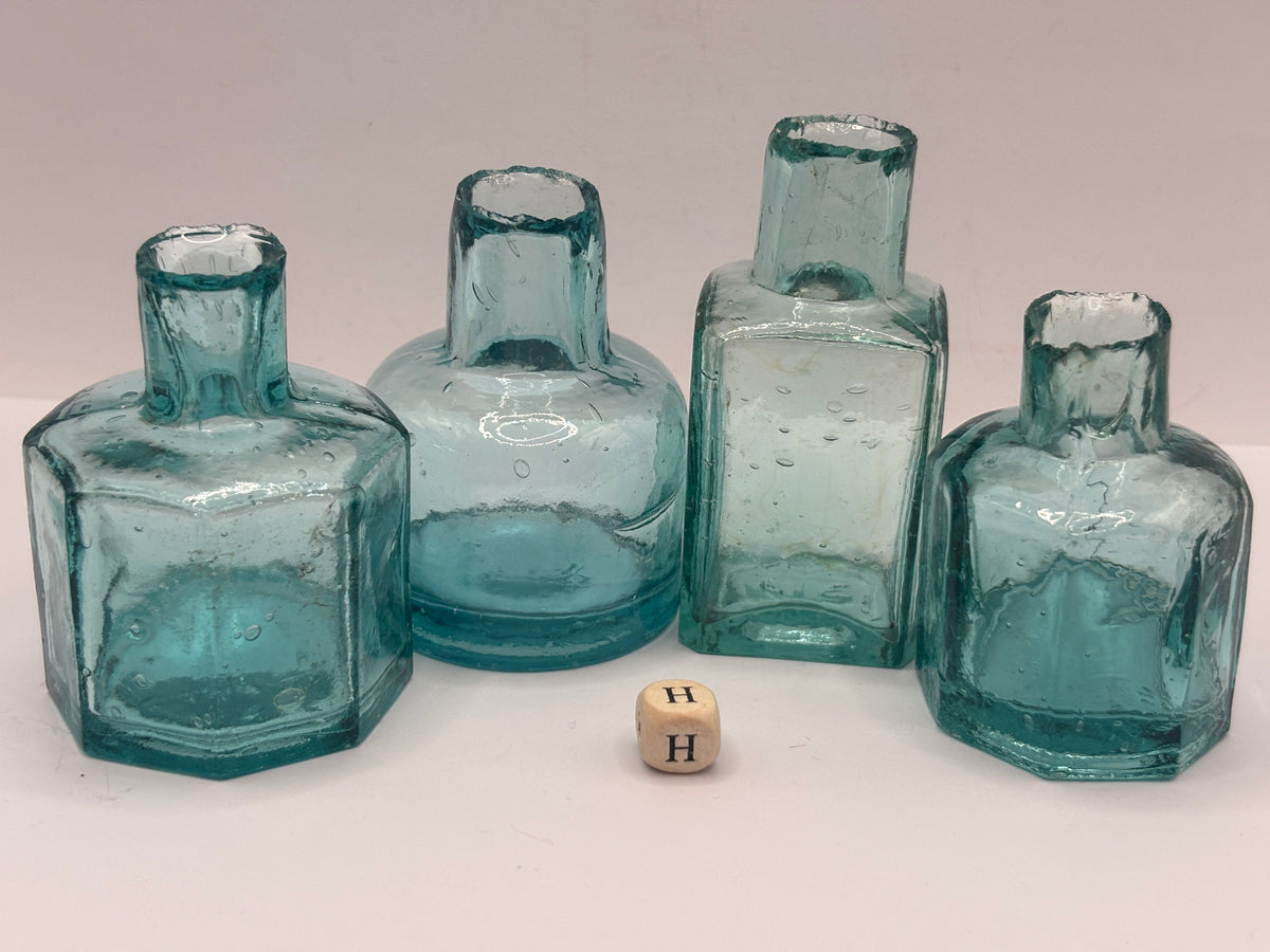 4 old dark aqua glass inks, inkwells, ink bottles, penny ink (H)