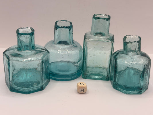 4 old dark aqua glass inks, inkwells, ink bottles, penny ink (H)