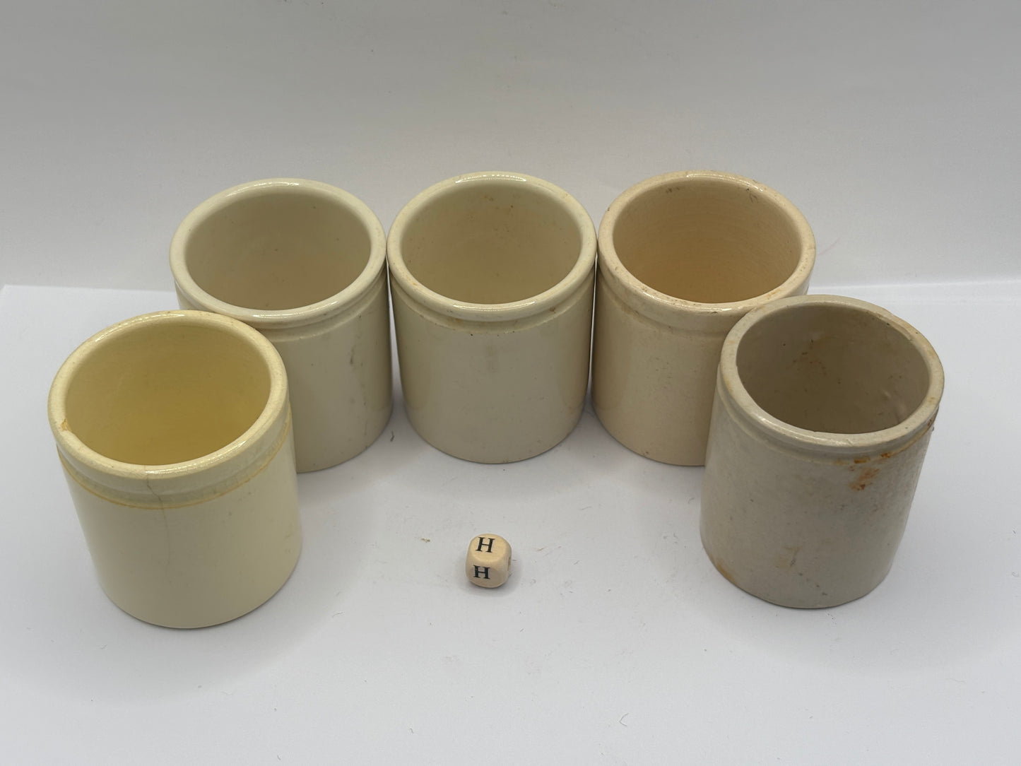 5 old white stoneware jars & pots (H)