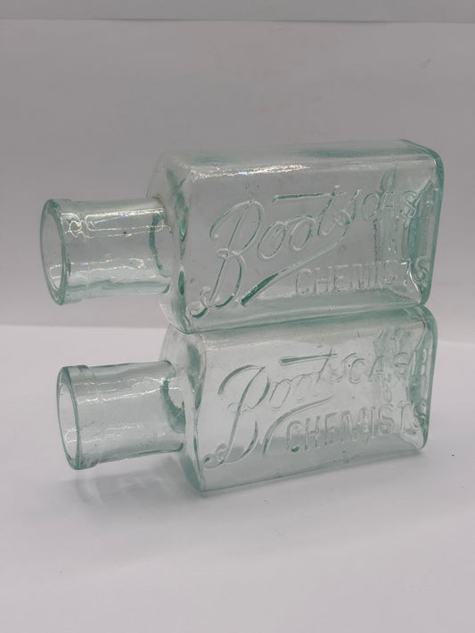 2 Old glass Boots cash chemists bottles