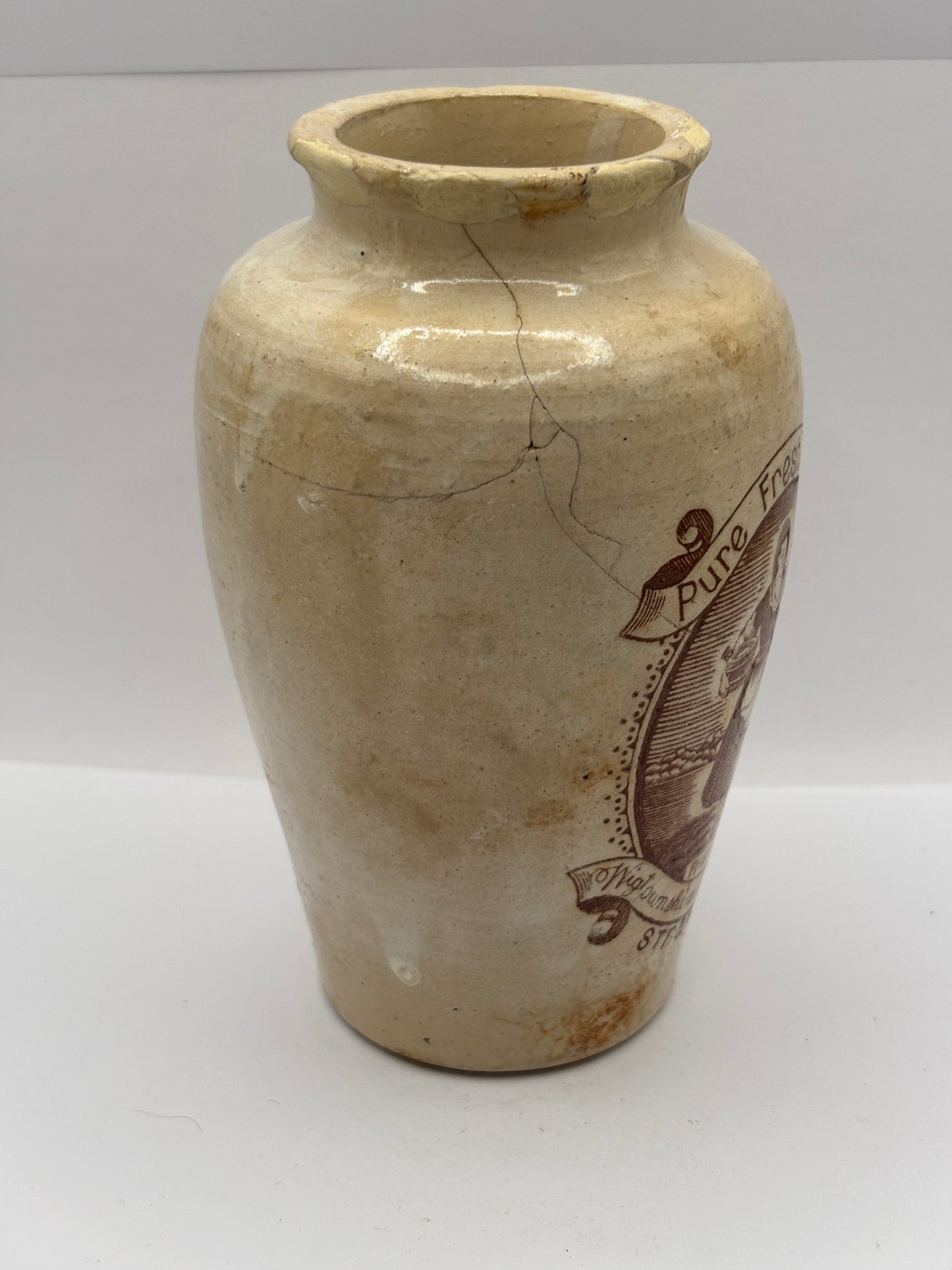 Old tall serpia print stoneware advertising cream pot, pure fresh cream Stranraer. Repaired & Damaged